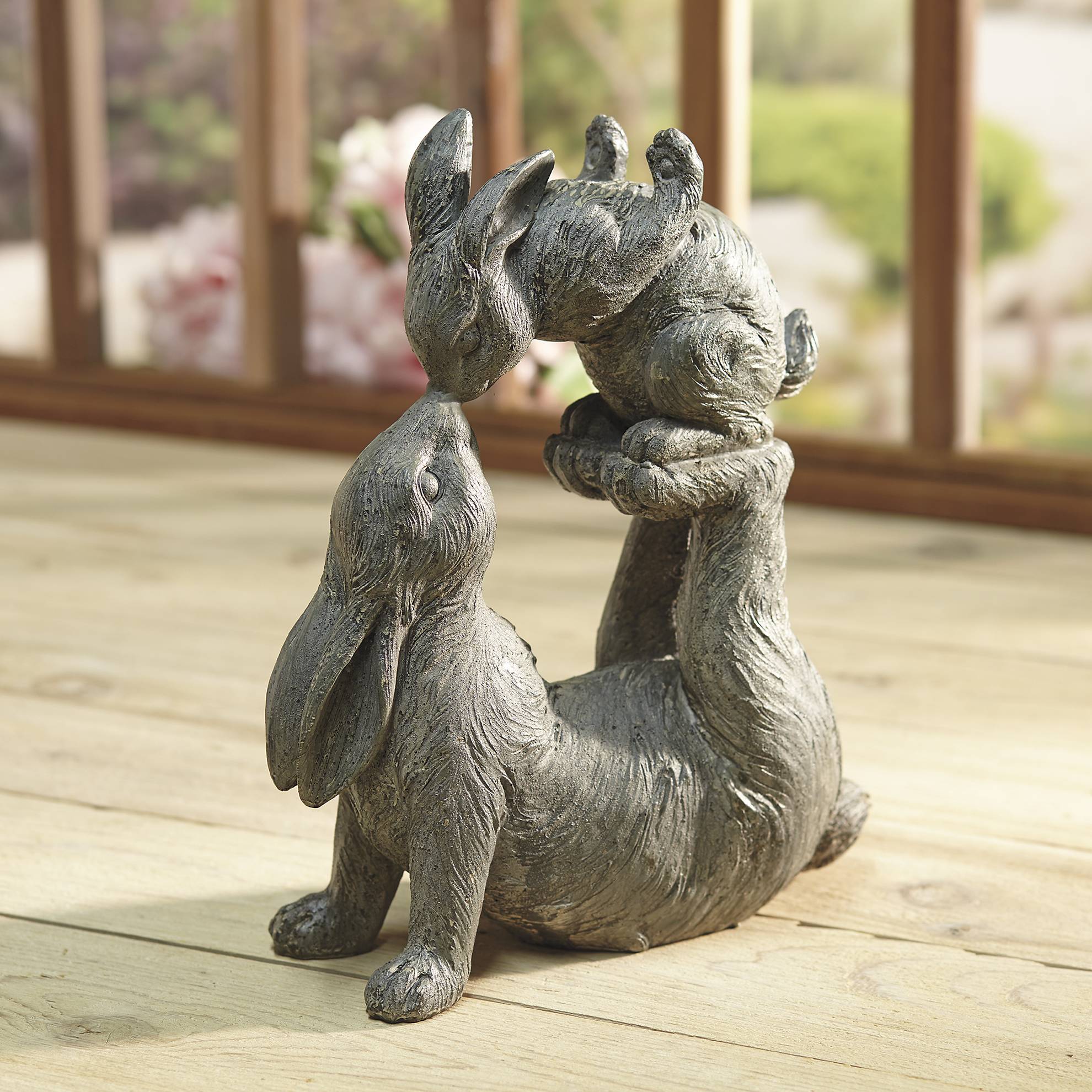 Kissing Rabbits Garden Sculpture, Cast Resin, Textured Finish - Signals Catalog