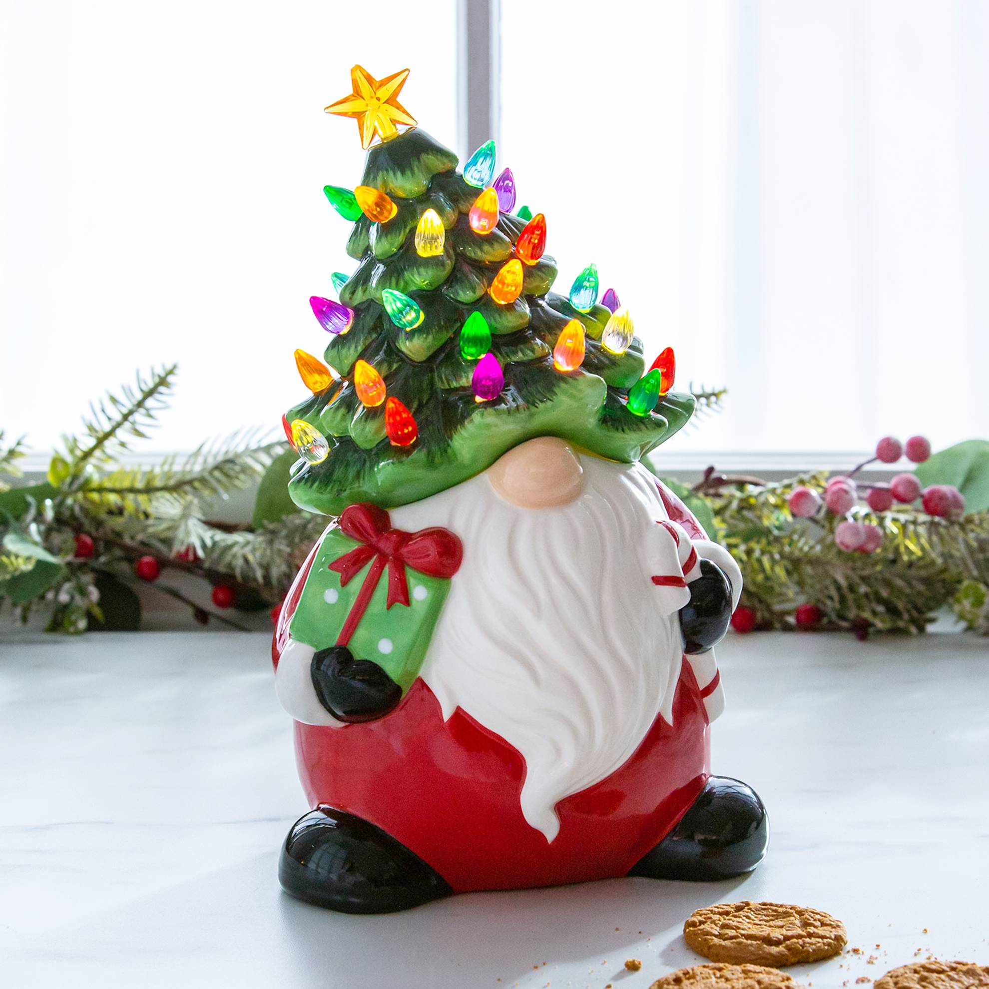 LED Ceramic Gnome Cookie Jar, Light-Up Hat, Ceramic - Signals Catalog