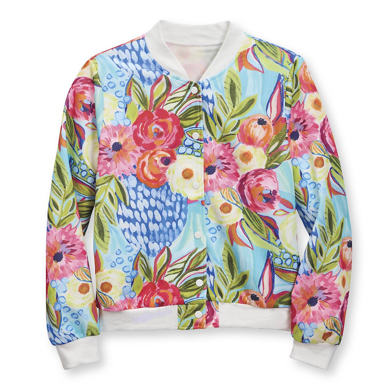 Bold Floral Bomber Jacket, Ribbed Hem, Snap Front - Signals Catalog