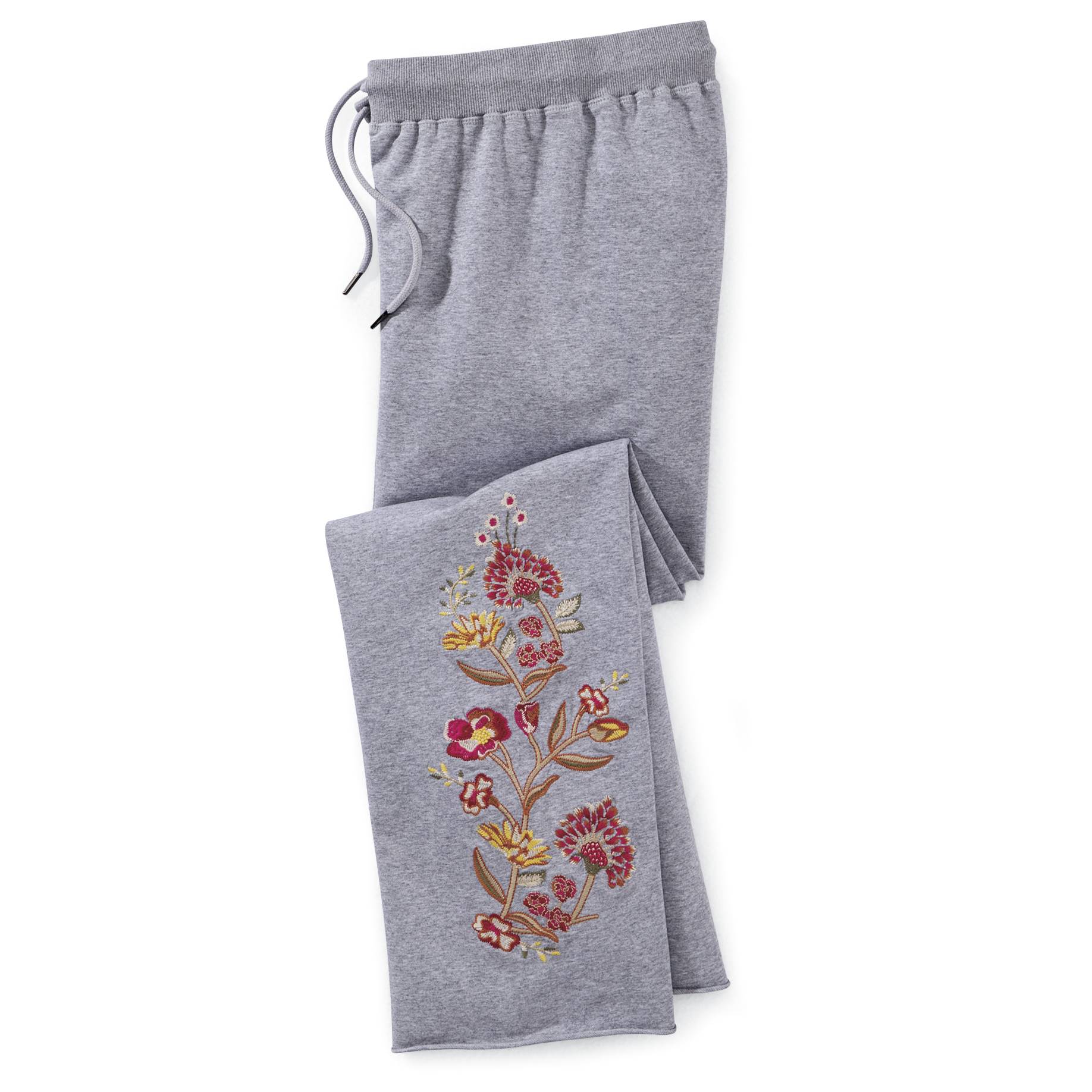 Embroidered Floral French Terry Pants, Drawstring Elastic Waist - Signals Catalog