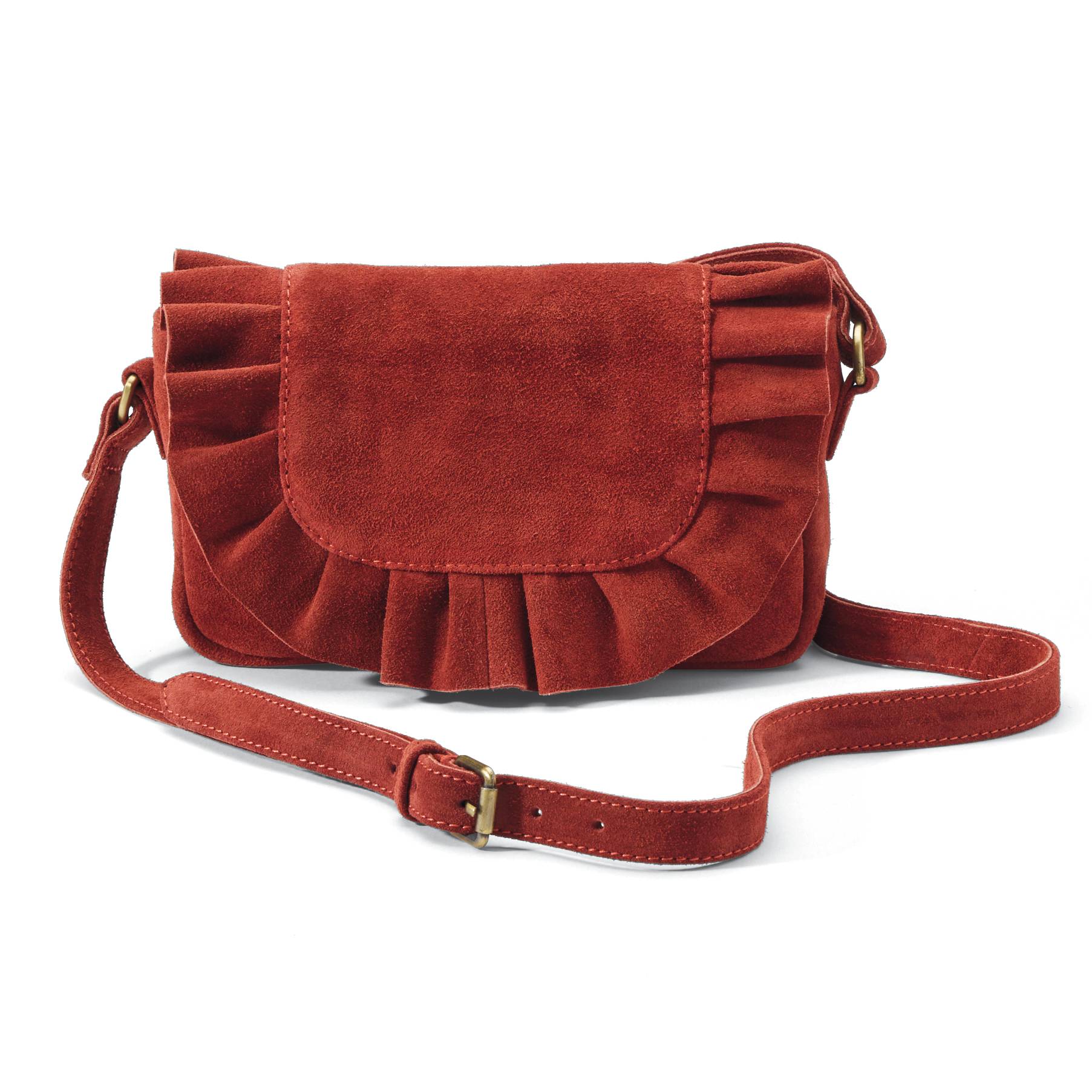 Genuine Suede Ruffle Handbag, Adjustable Strap, Magnetic Closure - Signals Catalog