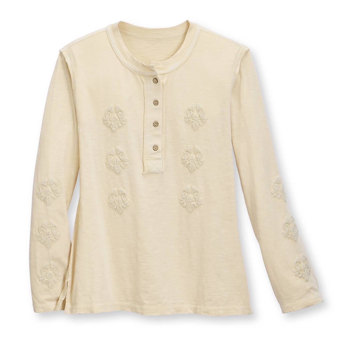 Embroidered Applique Henley Top, Garment Washed Cotton - Signals Catalog
