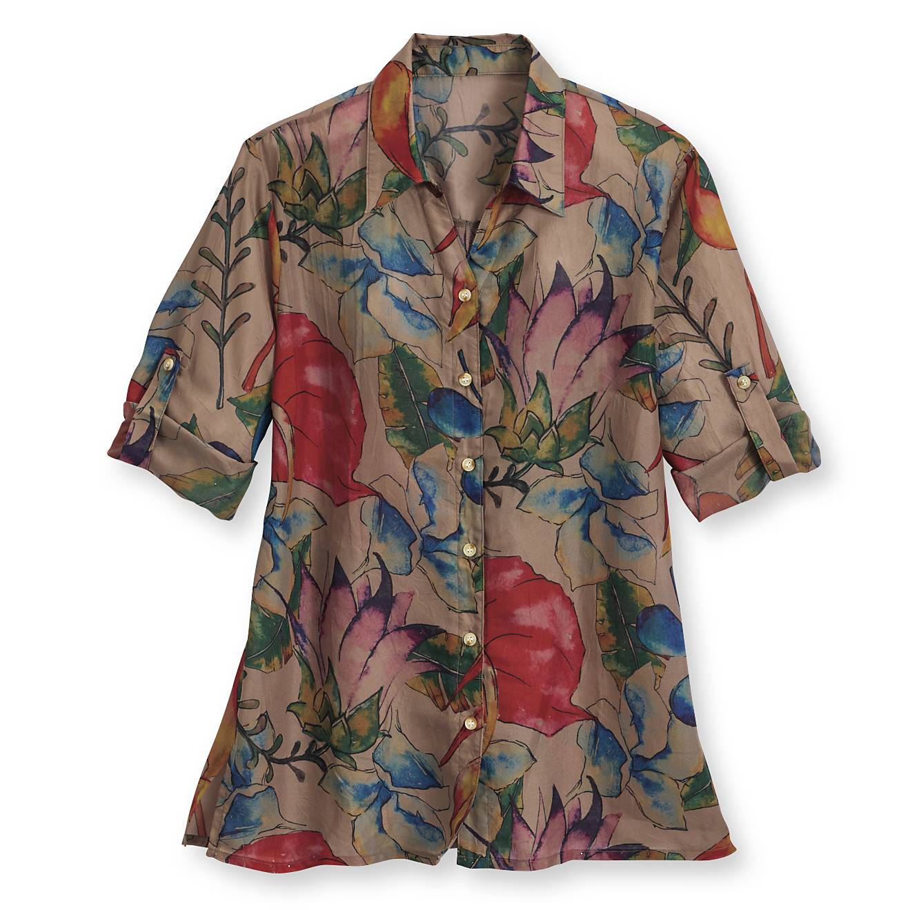 Watercolor Floral Button-Down Tunic, 3/4 sleeves, Semisheer - Signals Catalog