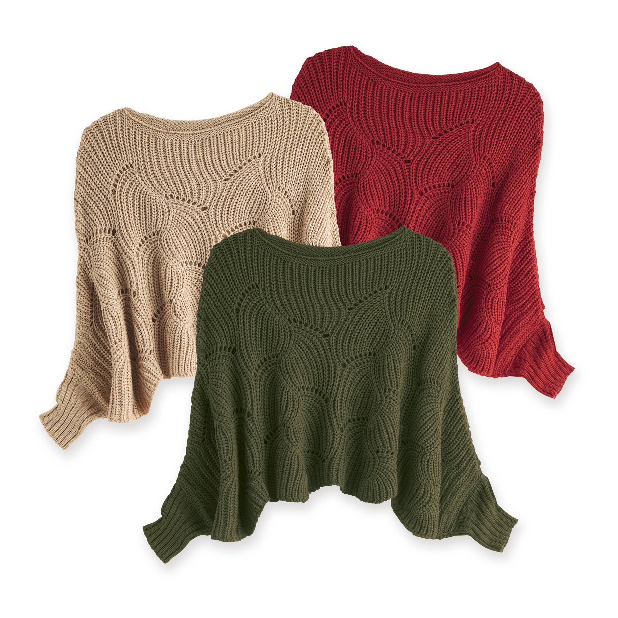 Sweater Knit Poncho, Built-in Sleeves, Banded Sleeve Hems - Signals Catalog