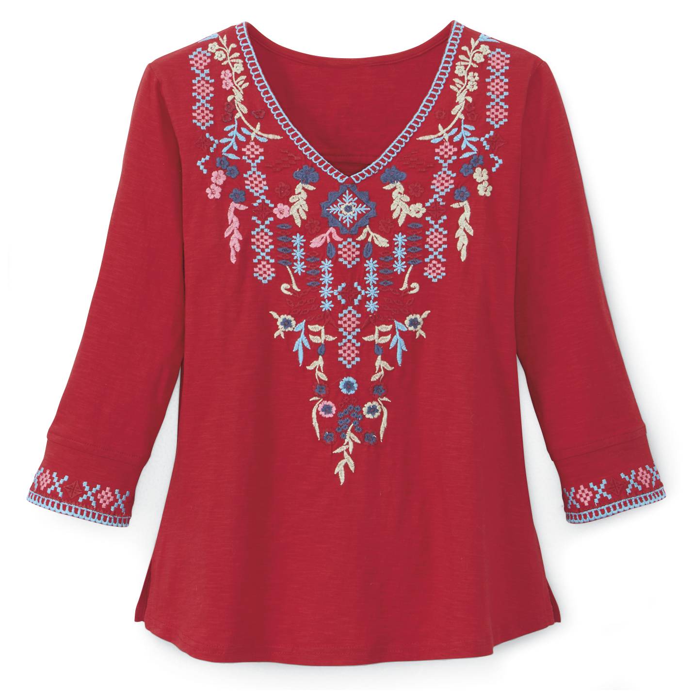 Jenna Embroidered Top in Cotton with V-Neck and Side Slits - Signals Catalog