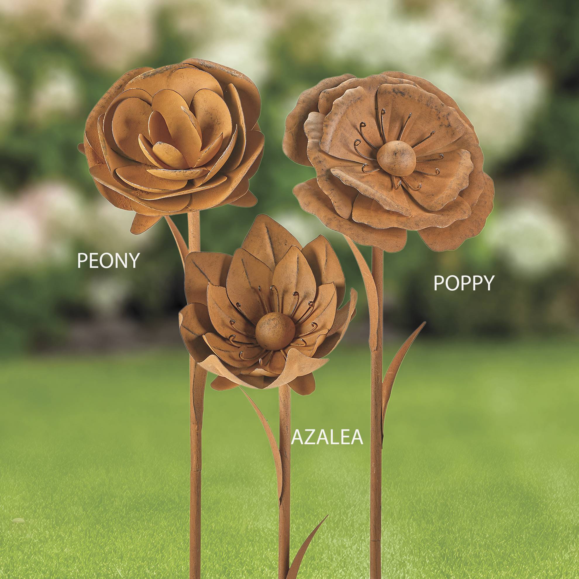 Rusty Metal Flower Stakes, Available in Peony, Azalea, or Poppy - Signals Catalog