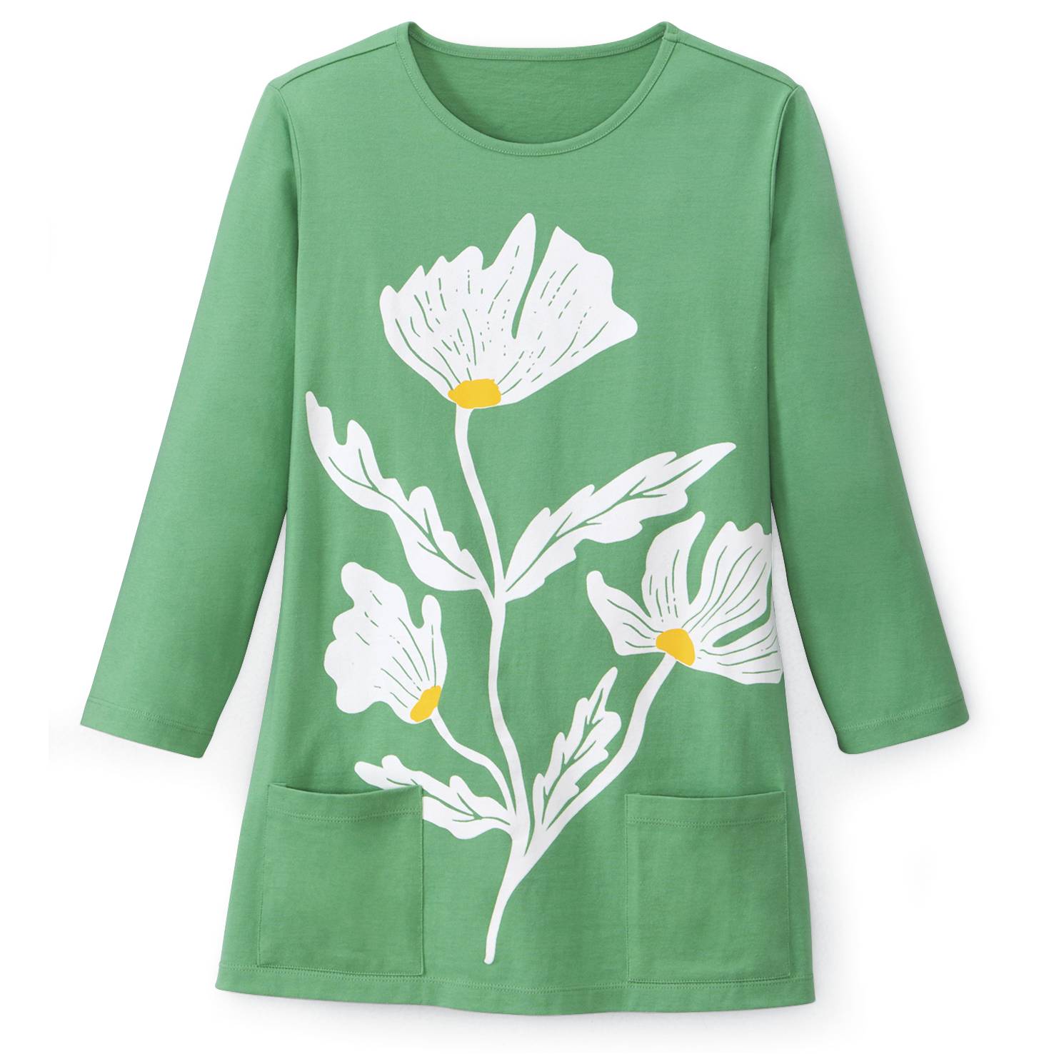 Bold Floral Pocket Tunic in Cotton with 3/4 Sleeves and Patch Pockets - Signals Catalog