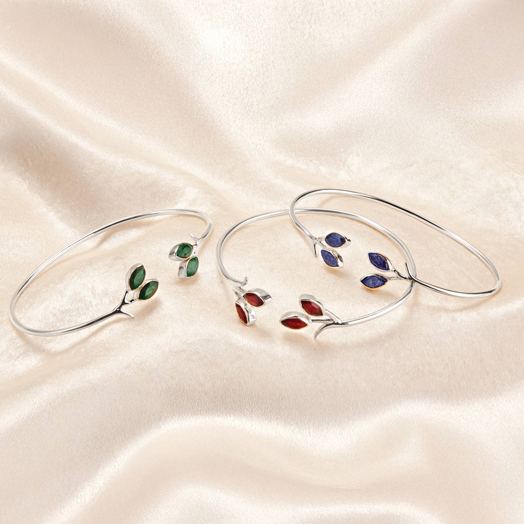 Precious Stone Leaf Cuff Bracelets, Sterling Silver, Adjustable - Signals Catalog