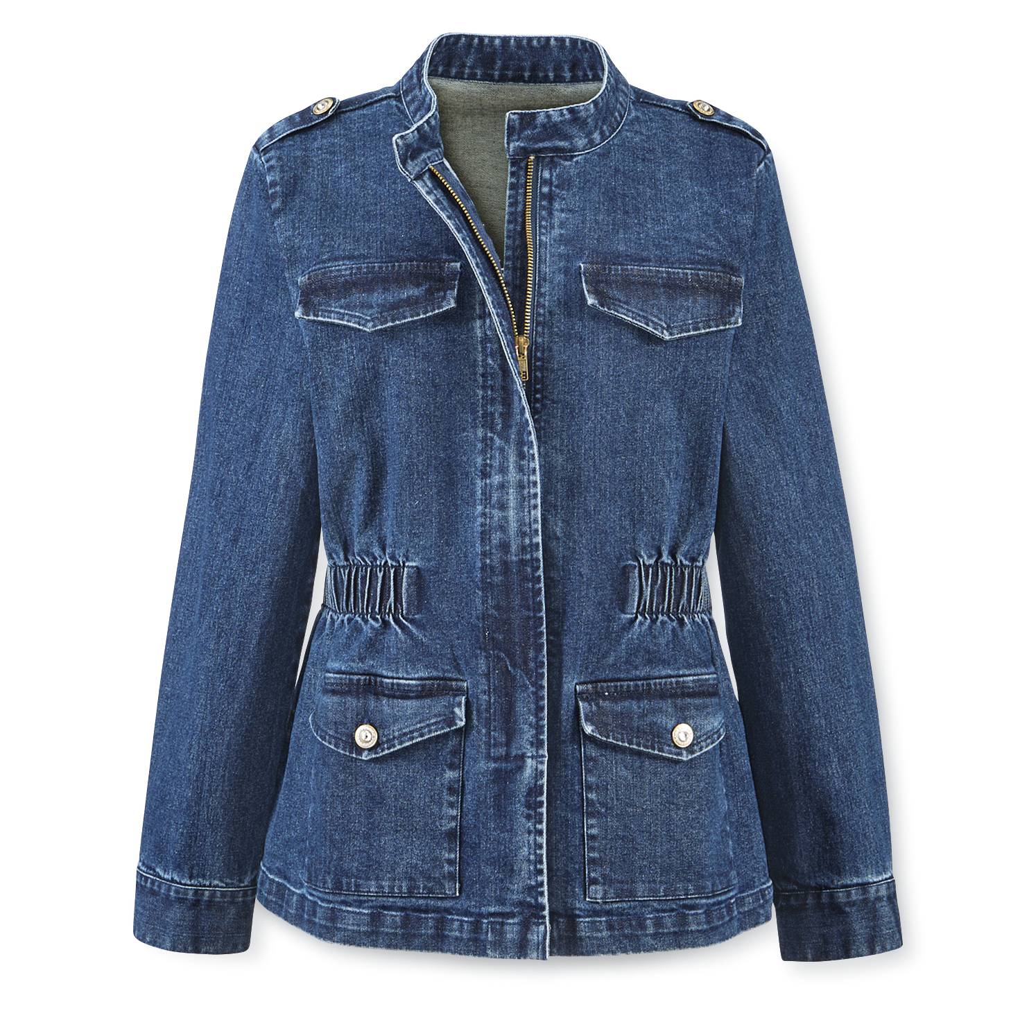 Denim Jacket with Elasticized Waist, Pockets, Hidden Zip Front - Signals Catalog