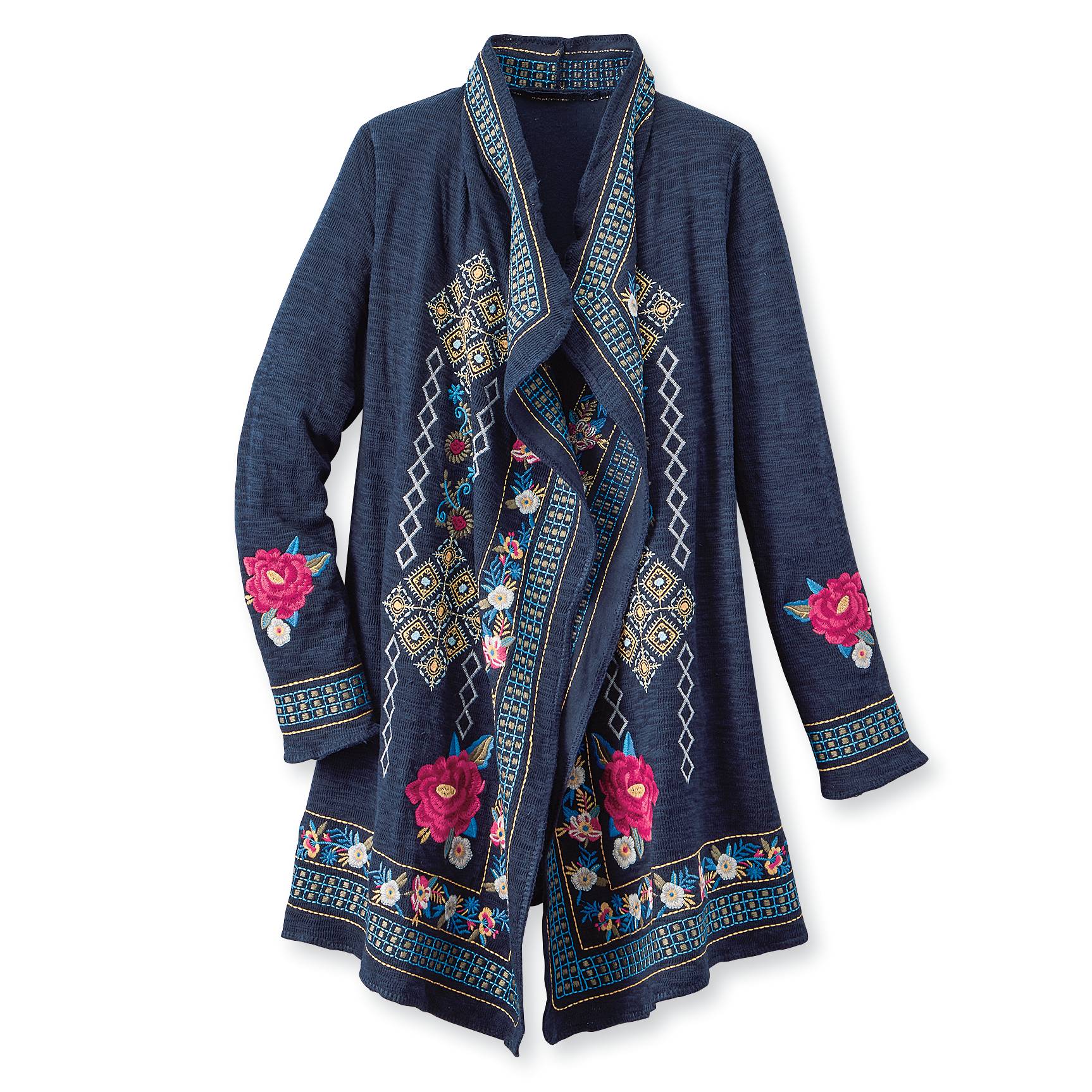 Embroidered Floral Open-Front Cardigan, Cotton, Pockets - Signals Catalog