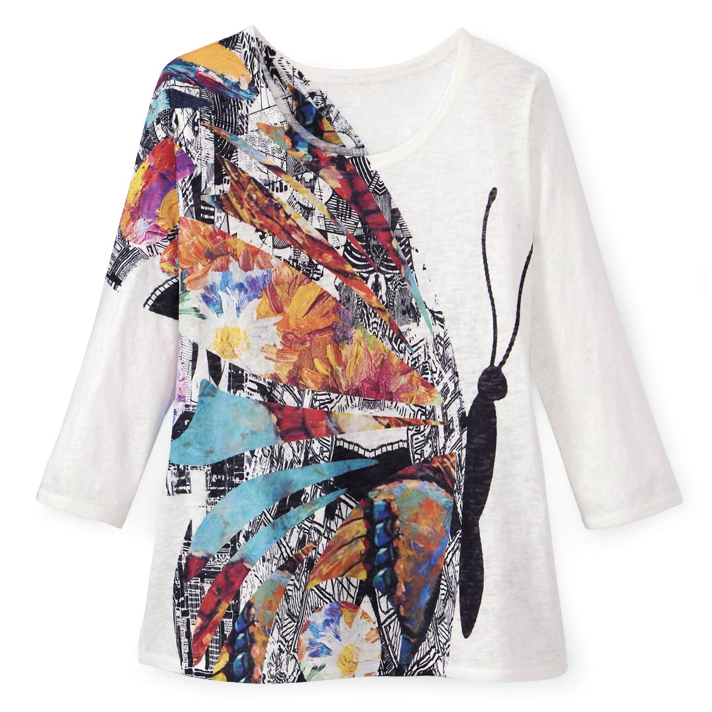 Abstract Butterfy Top with 3/4 Sleeves and Scoop Neck - Signals Catalog