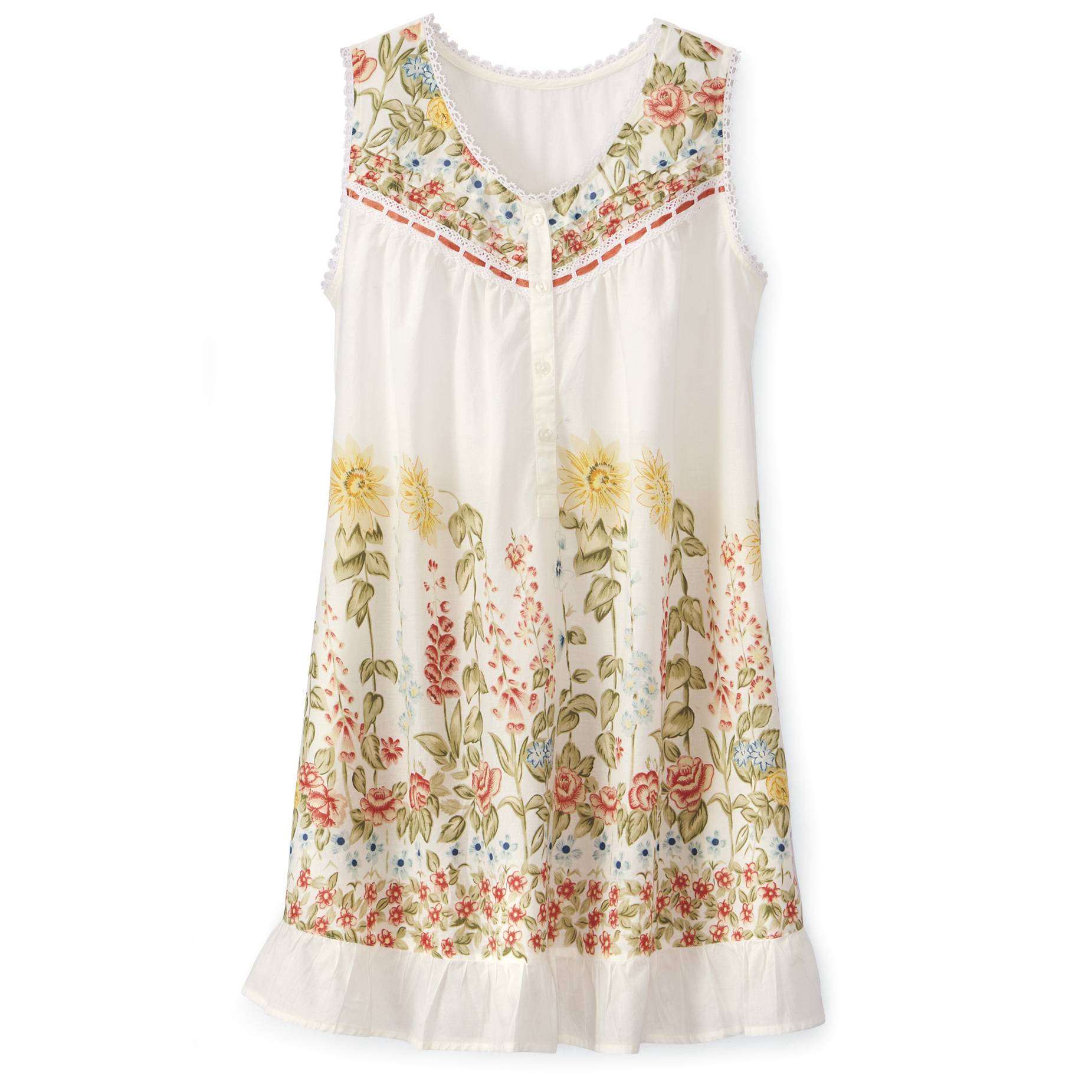 Sunflower Nightgown, Cotton, V-Neckline and Ruffled Hem - Signals Catalog
