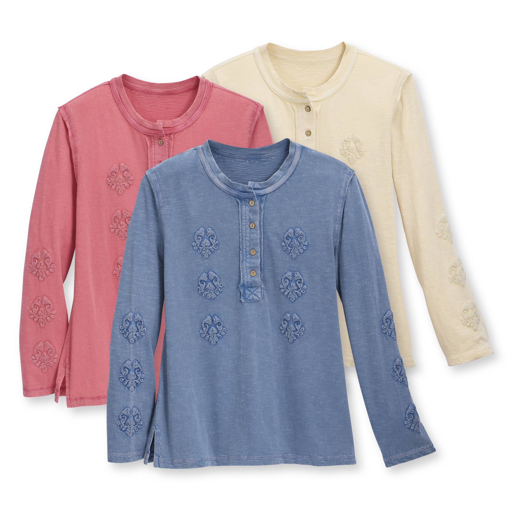 Embroidered Applique Henley Top, Garment Washed Cotton - Signals Catalog