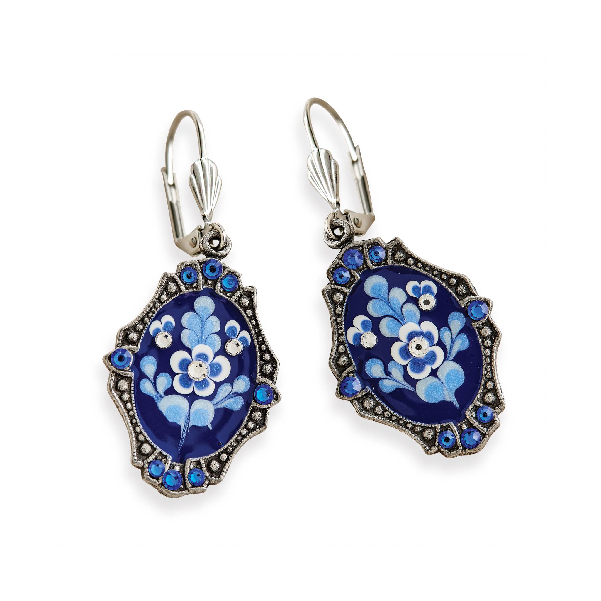 Blue Garden Crest Earrings, Hand Enameled, Austrian Crystals, Brass - Signals Catalog