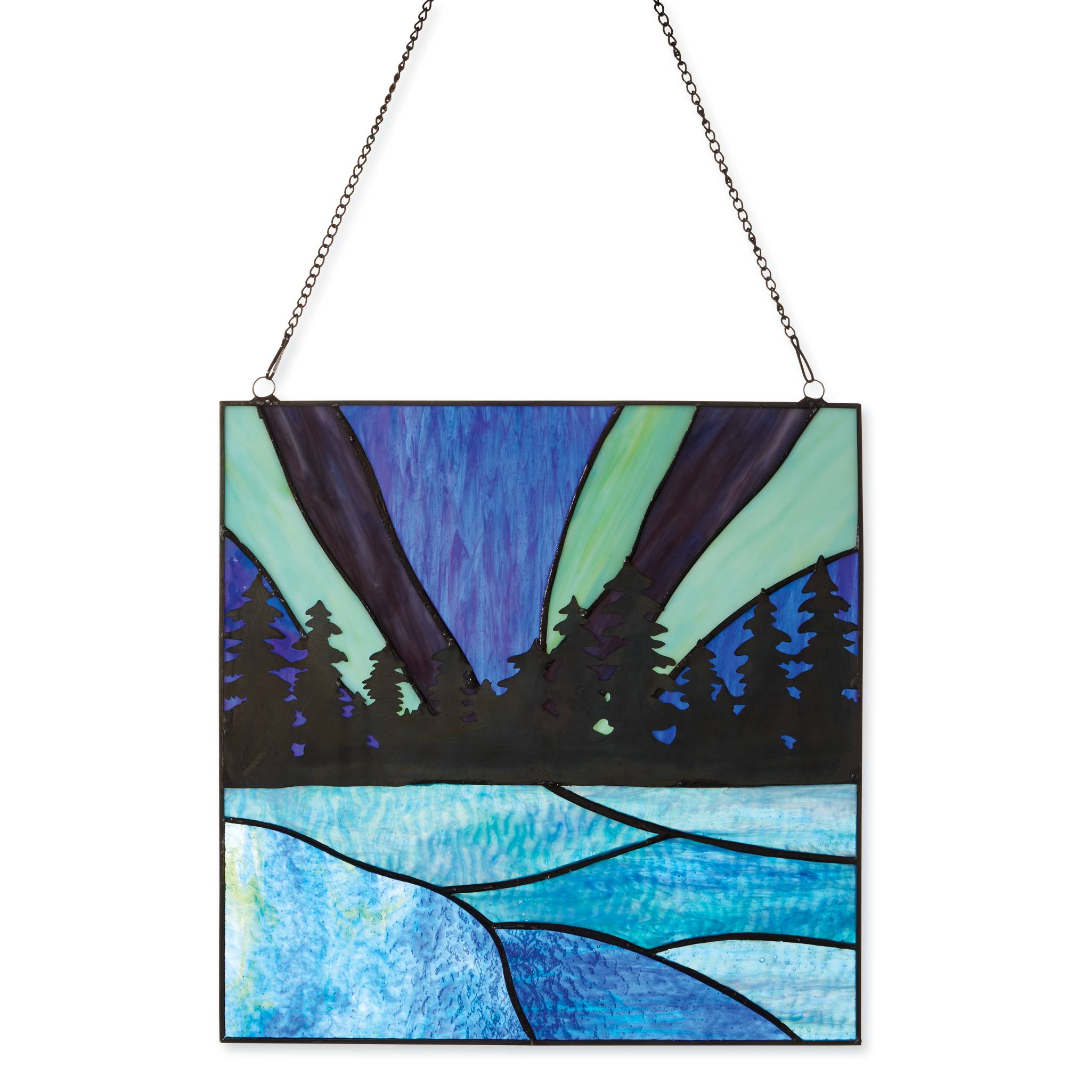 Northern Lights Lake Stained Glass Window Panel, Tiffany-style - Signals Catalog