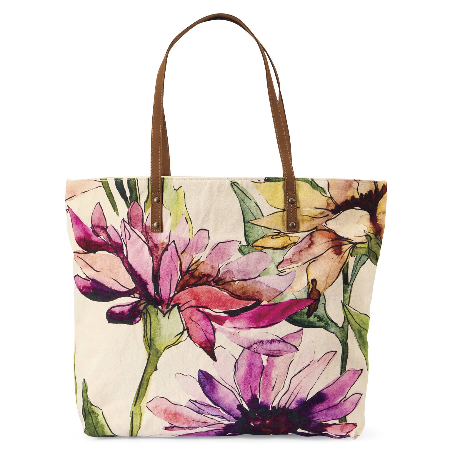 Wild Aster Cotton Canvas Tote with Genuine Leather Handles - Signals Catalog