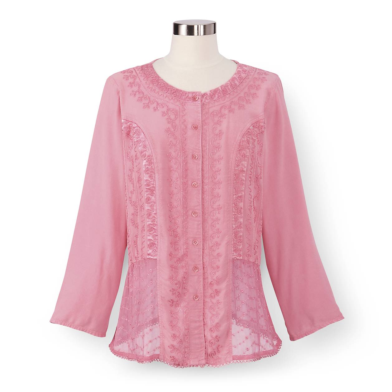 Embroidered Vintage-Wash Top, Lace, Back Tie, Buttons - Signals Catalog