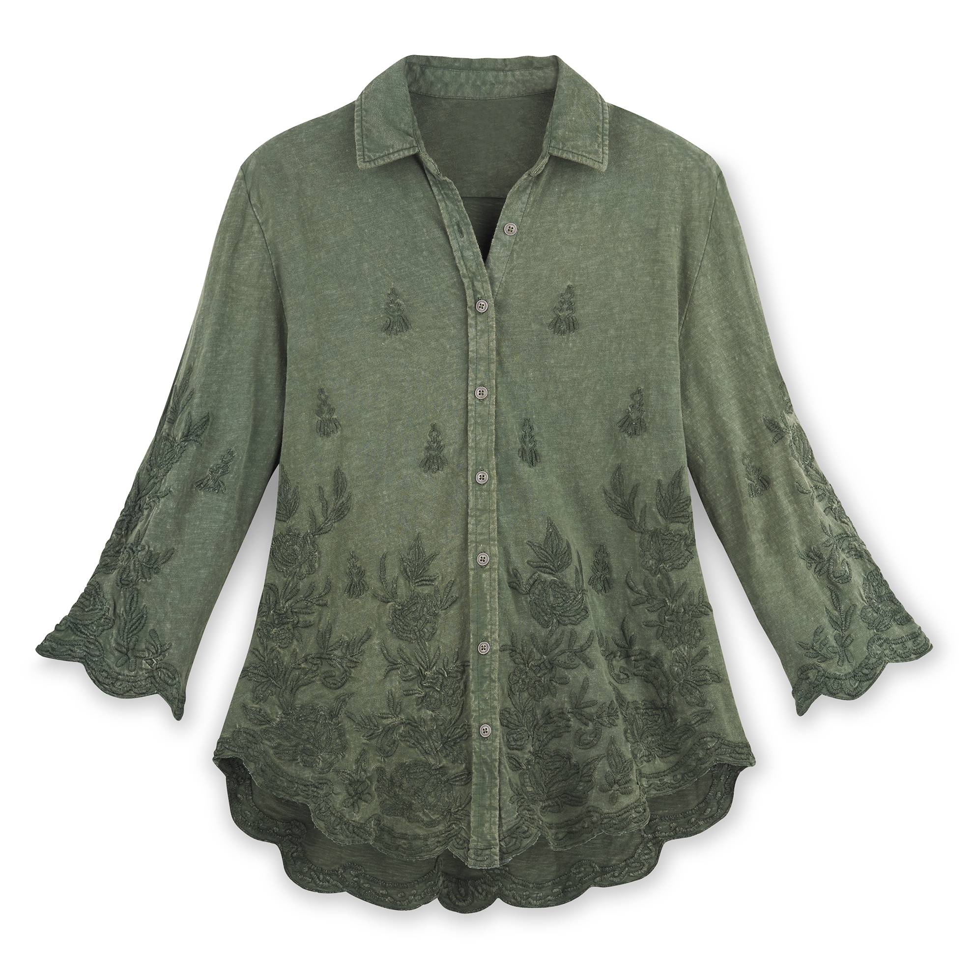 Scalloped Edge Embroidered Shirt, Metal Buttons, 3/4 Sleeves - Signals Catalog