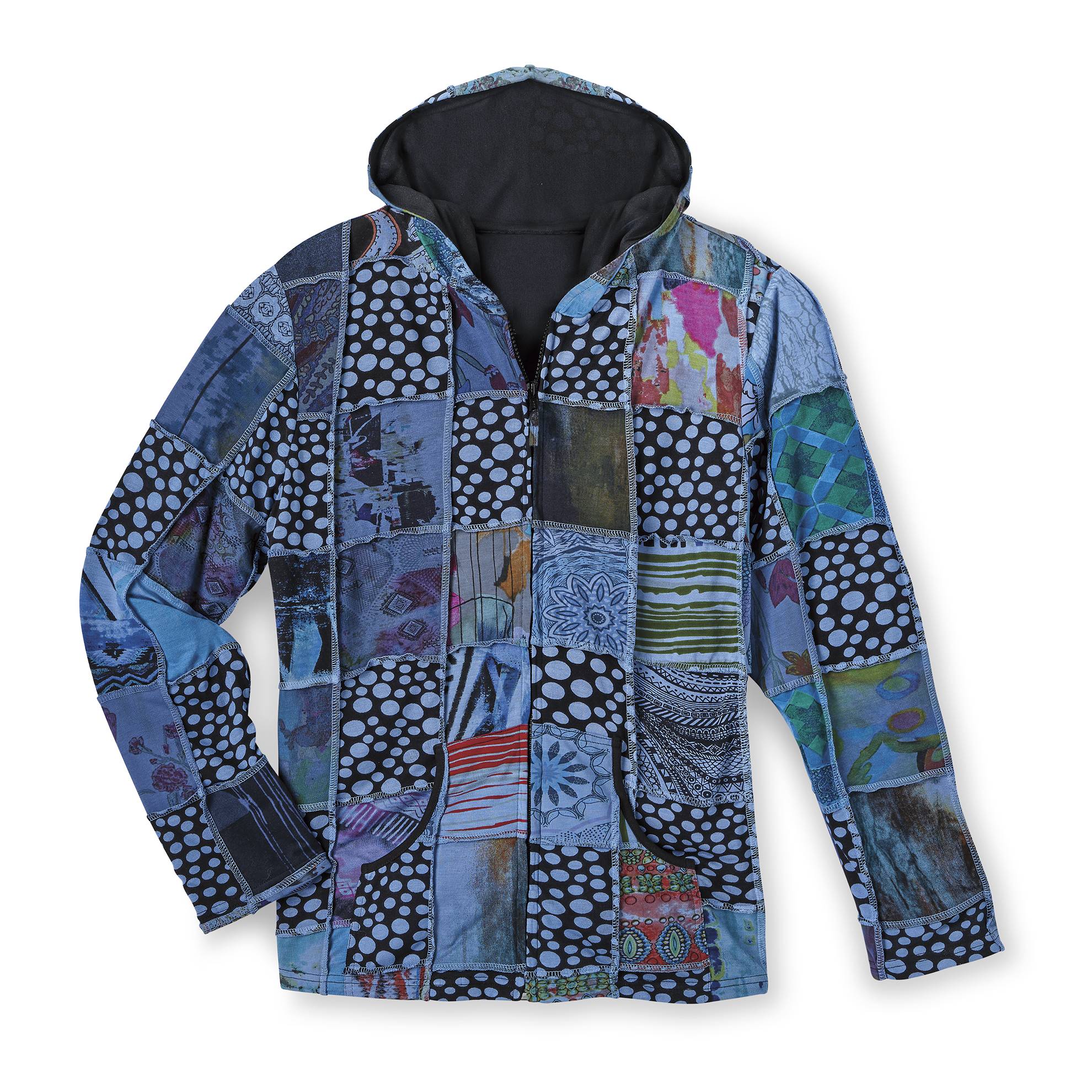 Crazy Quilt Patched Zip Hoodie, Exposed Seams, Poly Lining, 2 Pockets - Signals Catalog