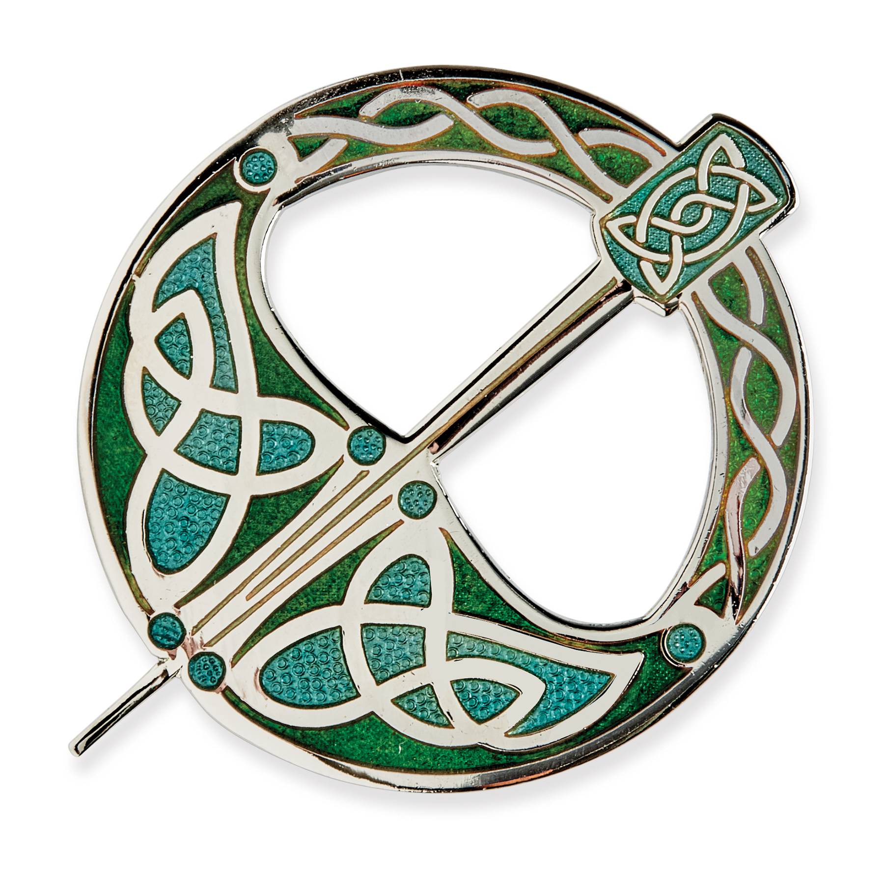 Celtic Tara Brooch, Copper, Teal and Blue Glass Enamel, Rhodium Plated - Signals Catalog