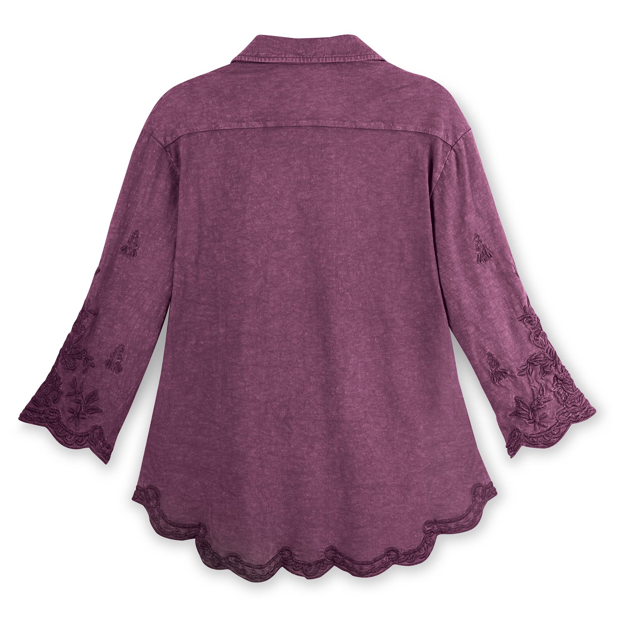 Scalloped Edge Embroidered Shirt, Metal Buttons, 3/4 Sleeves - Signals Catalog