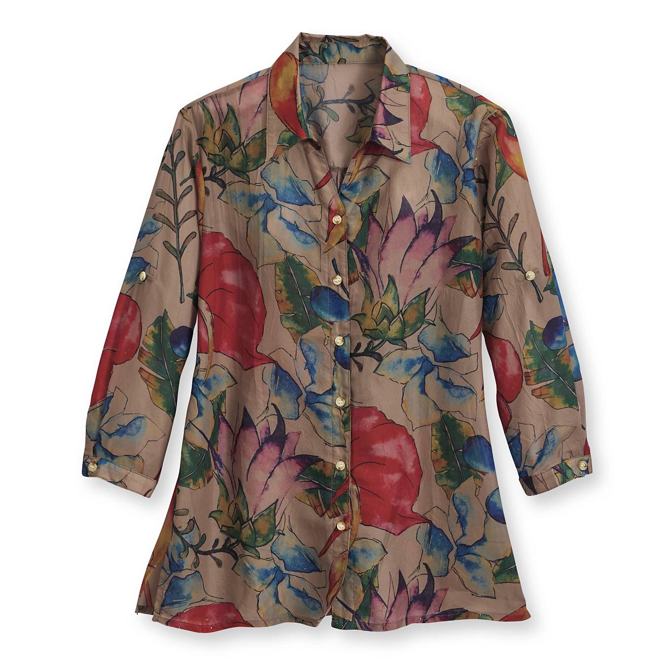 Watercolor Floral Button-Down Tunic, 3/4 sleeves, Semisheer - Signals Catalog