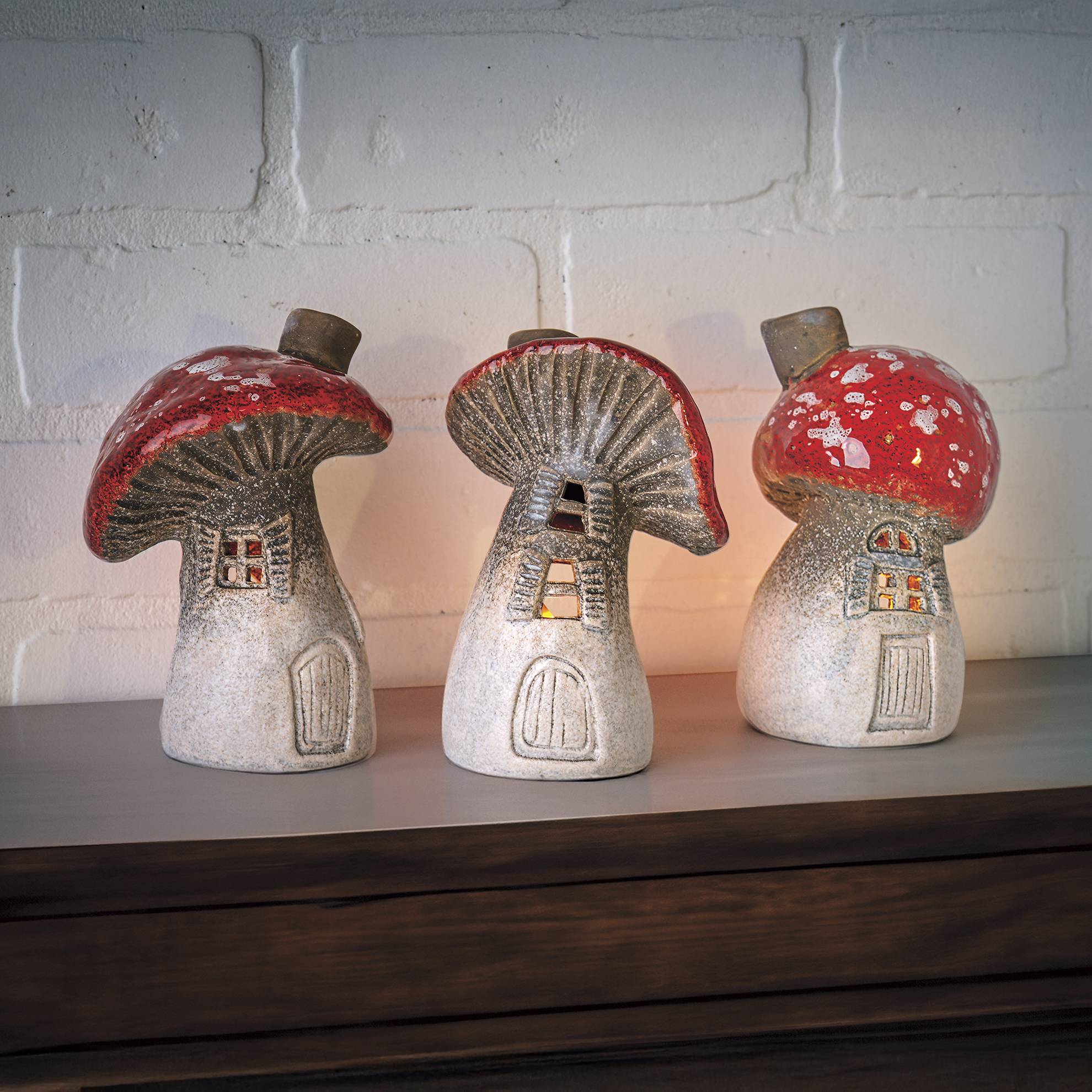 Ceramic Mushroom Tealight Holders, Set of 3, Fanciful Village Design - Signals Catalog