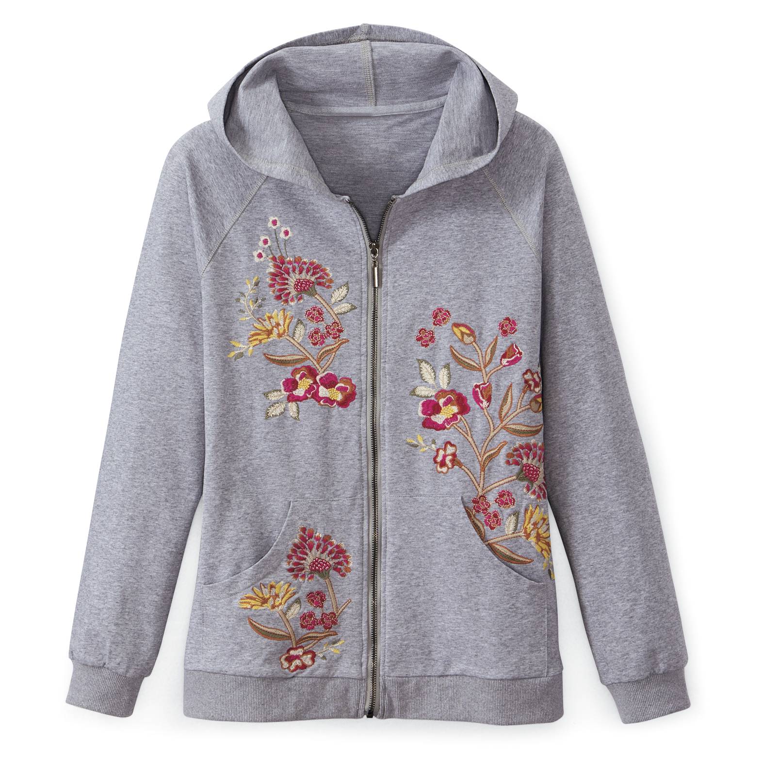 Embroidered Floral French Terry Hoodie, Zip Front, Pockets - Signals Catalog