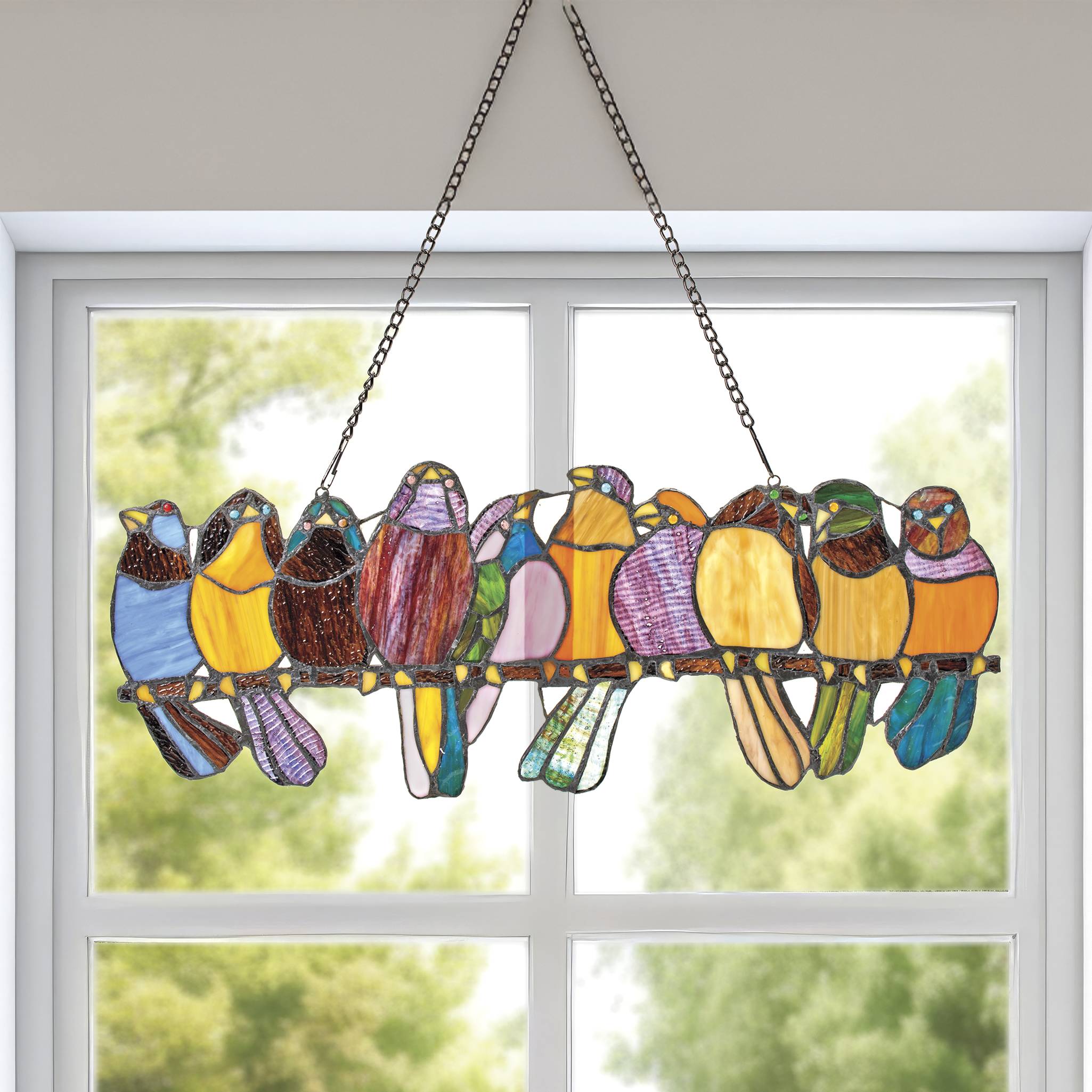 Birds on a Wire Stained Glass Hanging Panel - Signals Catalog