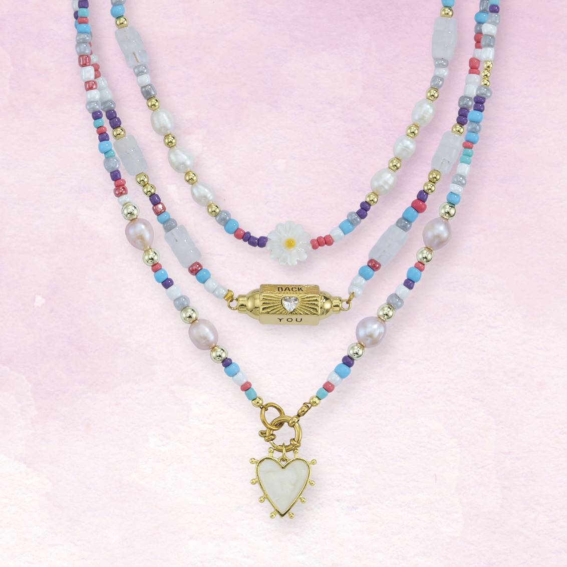 Genuine Gemstone Heart & Beads 3-Necklace Set, Pearl, Beads, Set of 3 - Signals Catalog