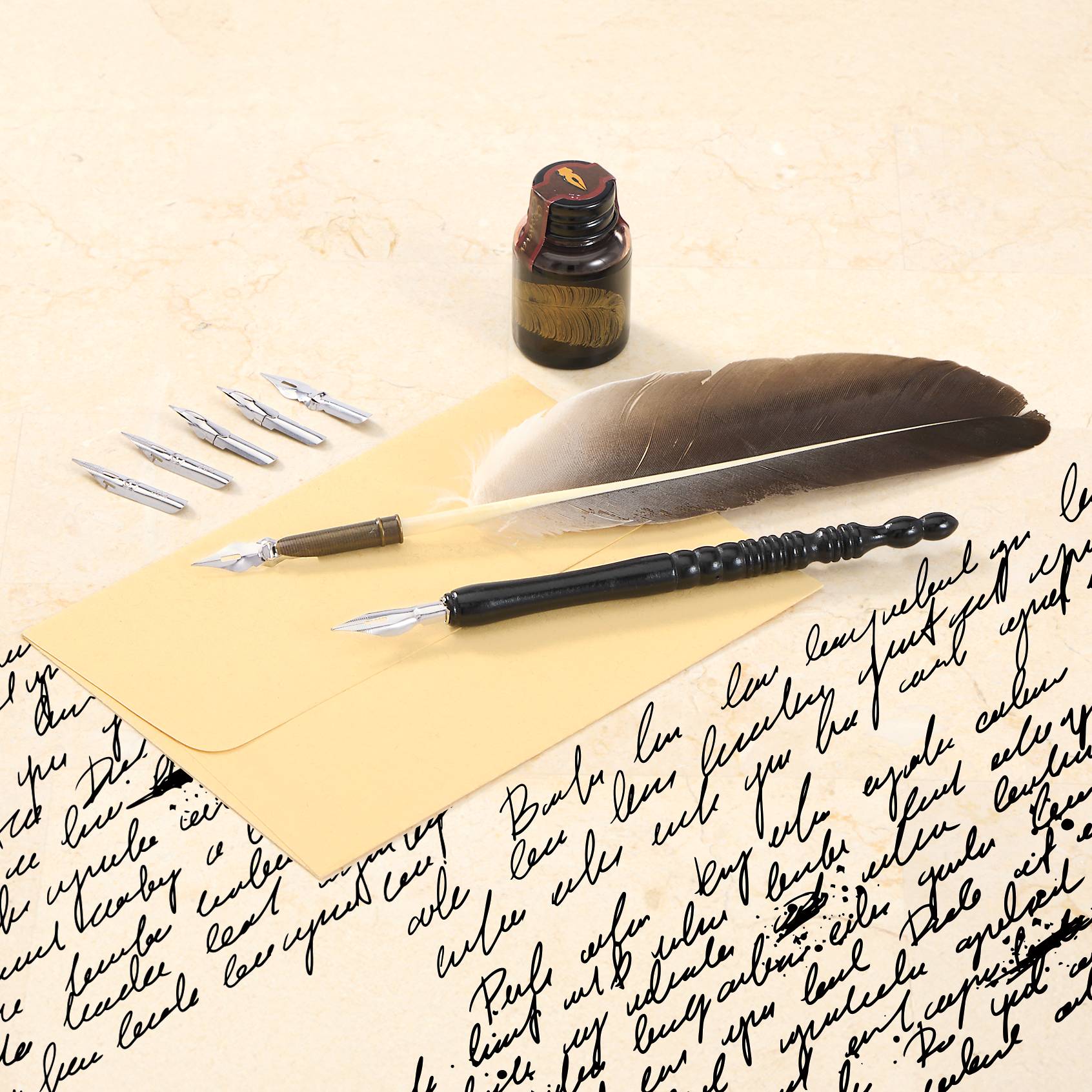 Pen and Ink Calligraphy Set, Wooden Case, Feather Quill - Signals Catalog