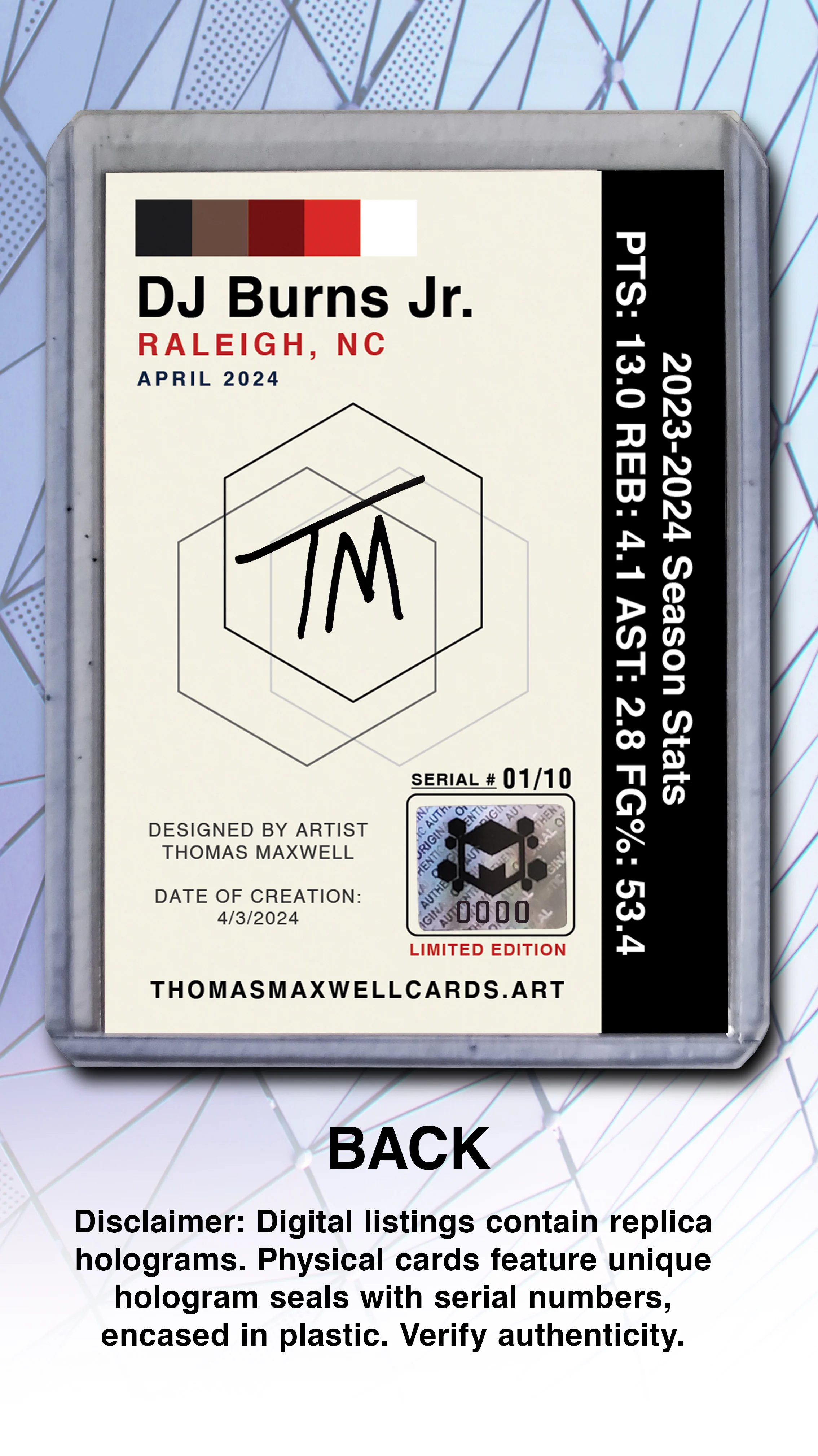 DJ Burns Jr. - NC State - Artist Signed Basketball Art Card 1/10