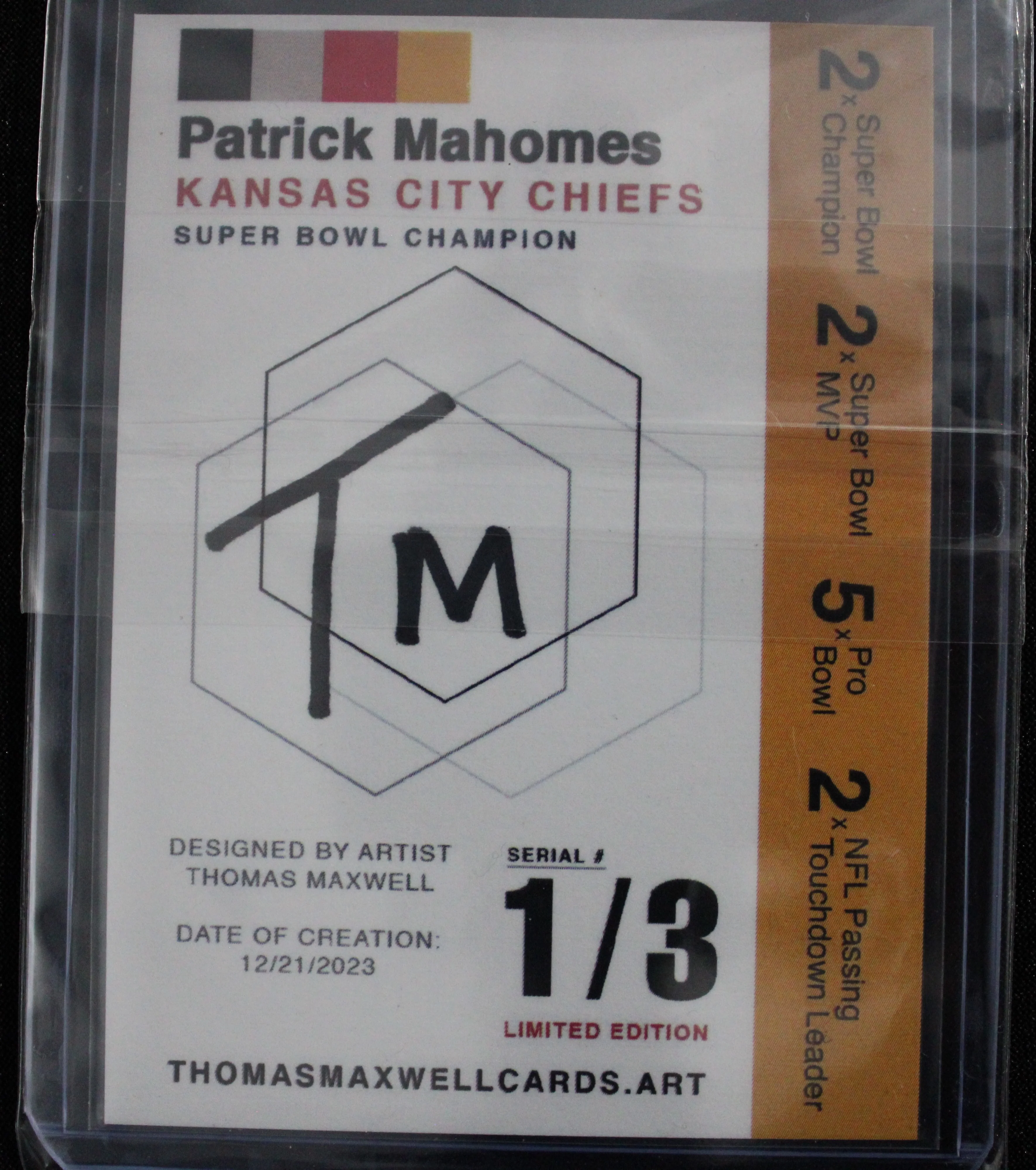Patrick Mahomes Artist Signed Kansas City Chiefs Gold Refractor Art Card 1/3