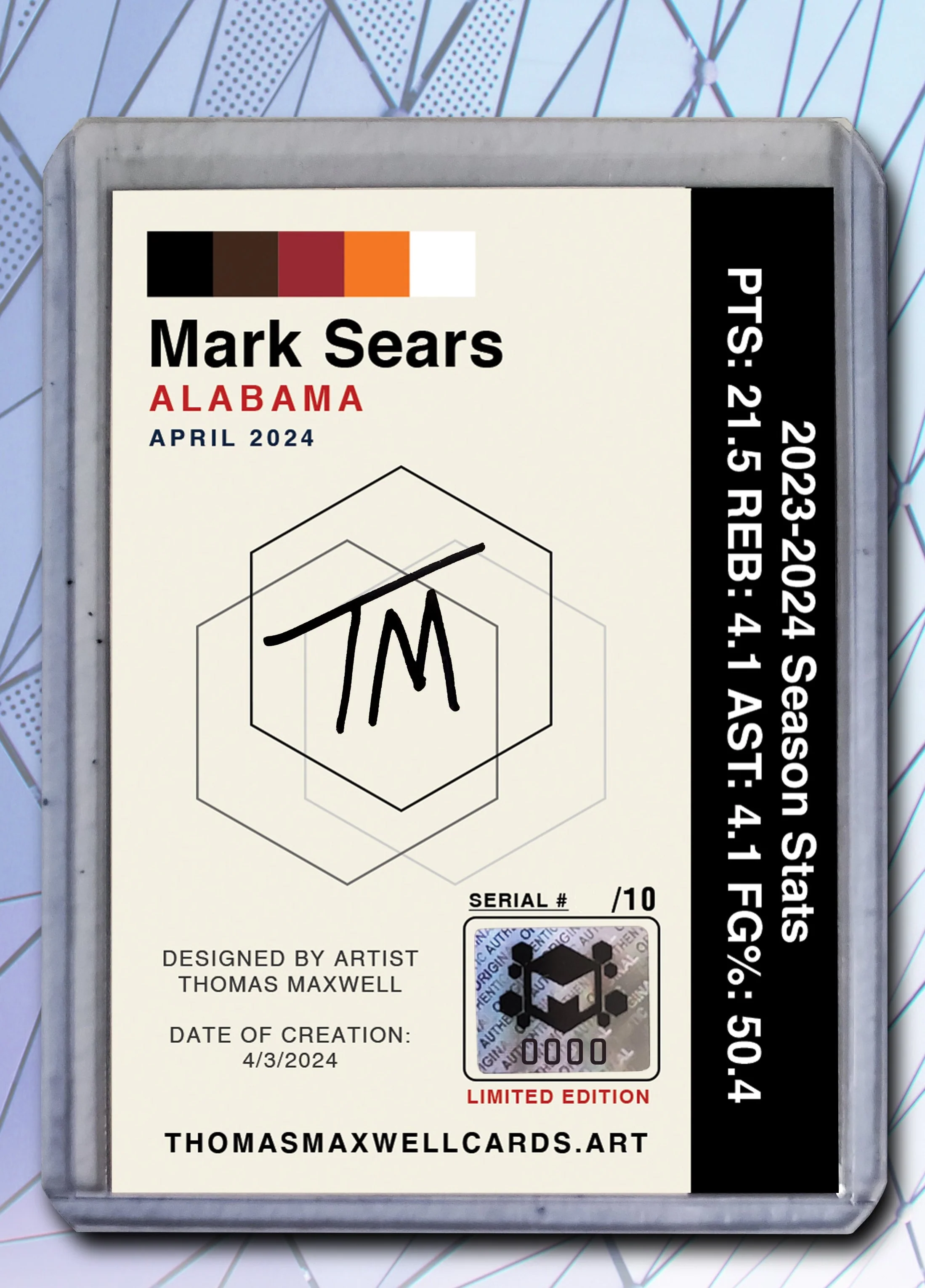 Mark Sears - Alabama - Artist Signed Basketball Art Card 1/10