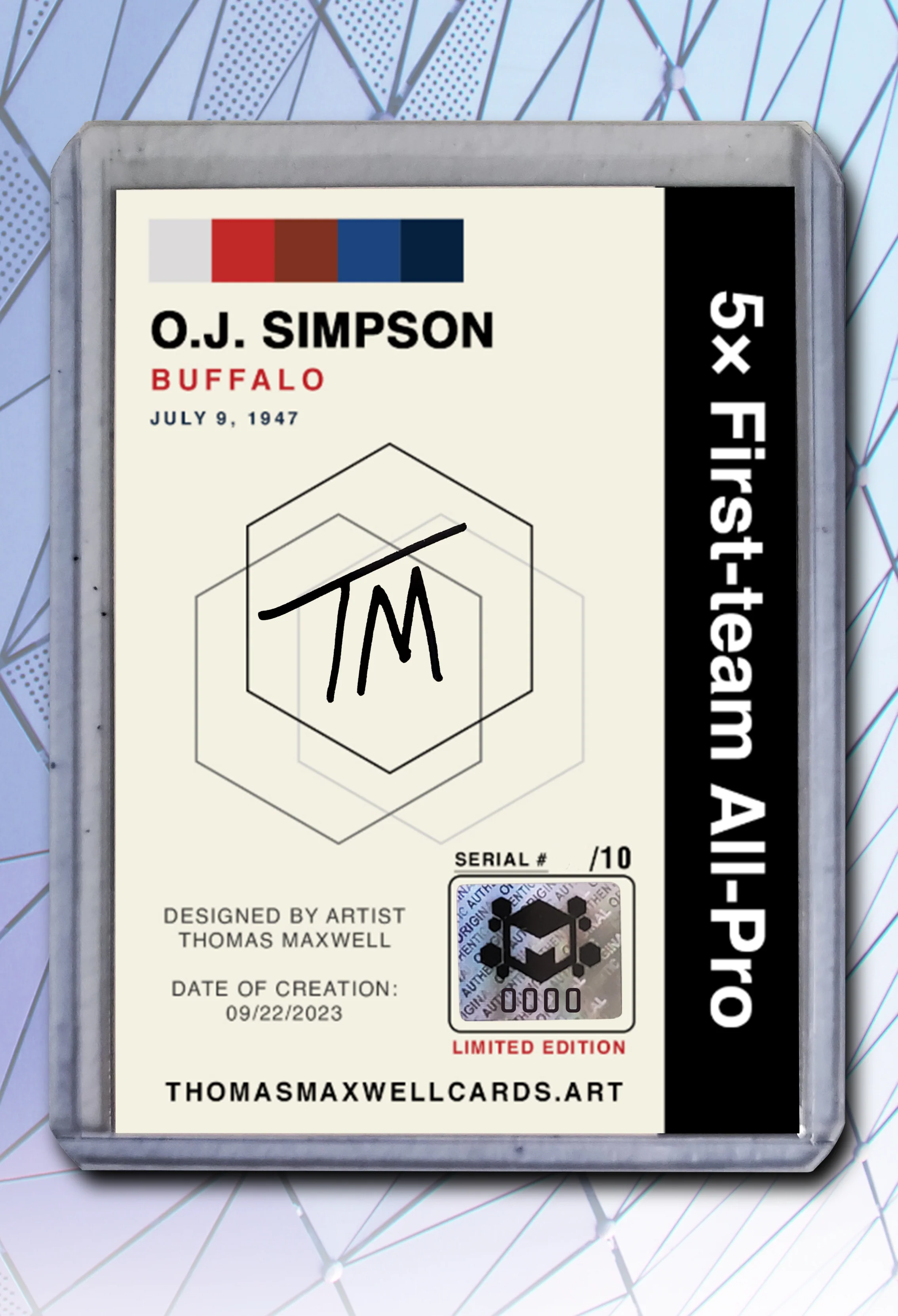 O.J. Simpson Artist Signed Football Art Card 2/10