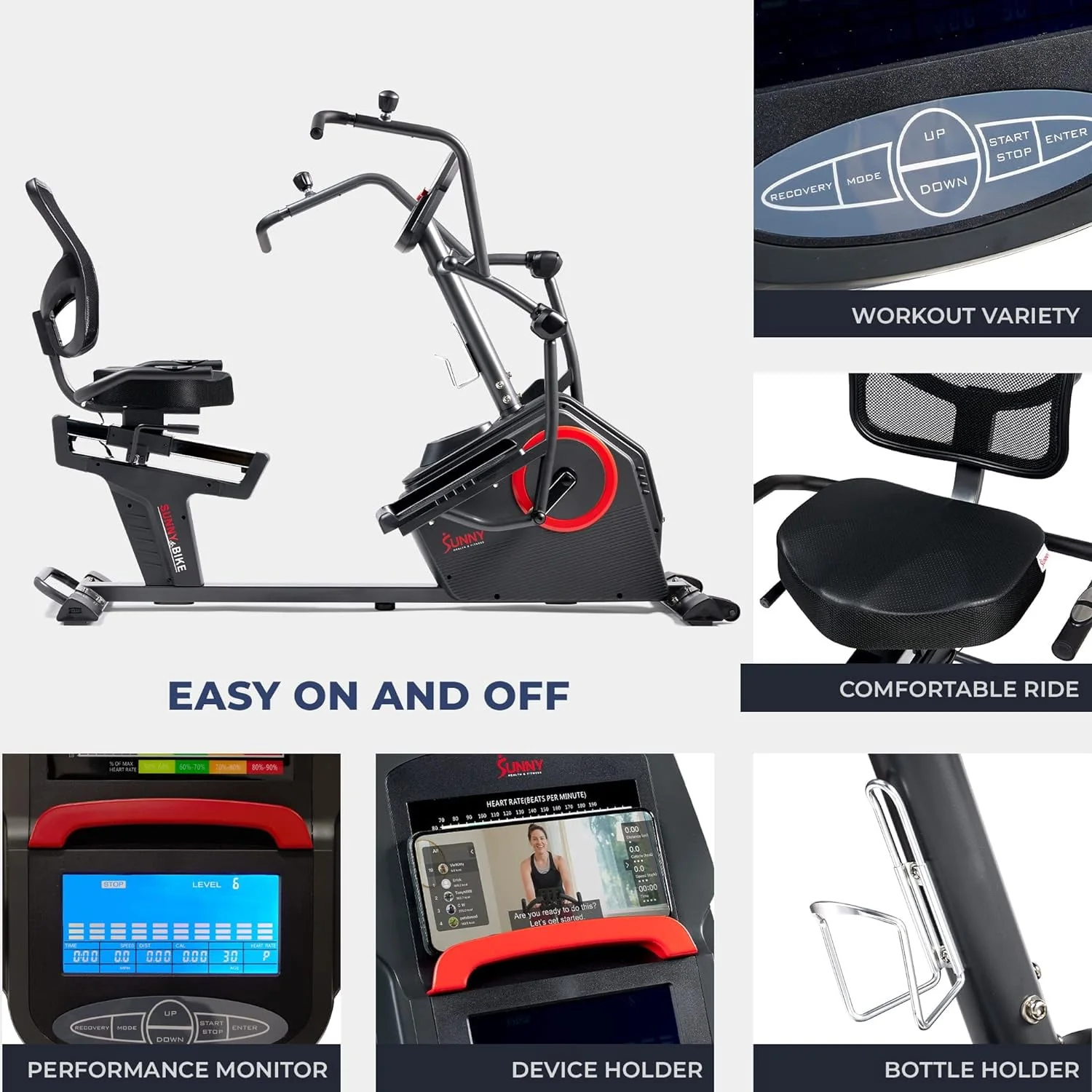 Sunny Health & Fitness Electromagnetic Recumbent Cross Trainer Elliptical Bike w/Arm Exercisers & Free SunnyFit® App Membership - SF-RBE4886SMART