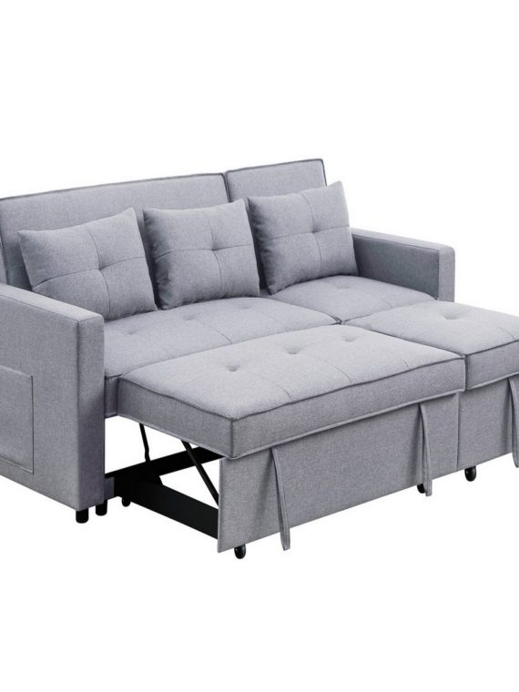Benjara BM286632 80 in. Jayce Wood Convertible Sleeper Sofa with Side Pocket, Light Gray & Black
