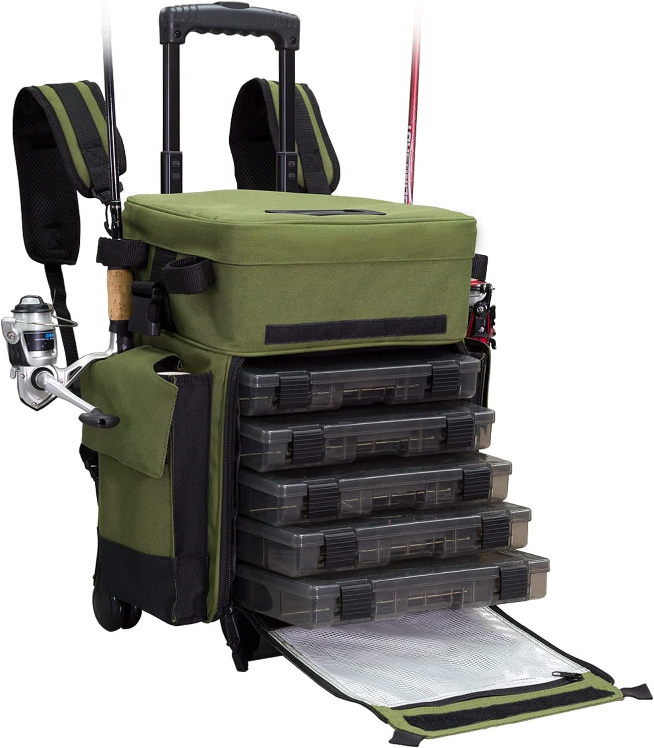 Elkton Outdoors Rolling Tackle Box with Wheels – Waterproof Rolling Fishing Backpack, 5 Removable Tackle Trays, 4 Rod Holders, Fishing Gifts for Men, Fish Tackle Bag, Roller Tackle Box