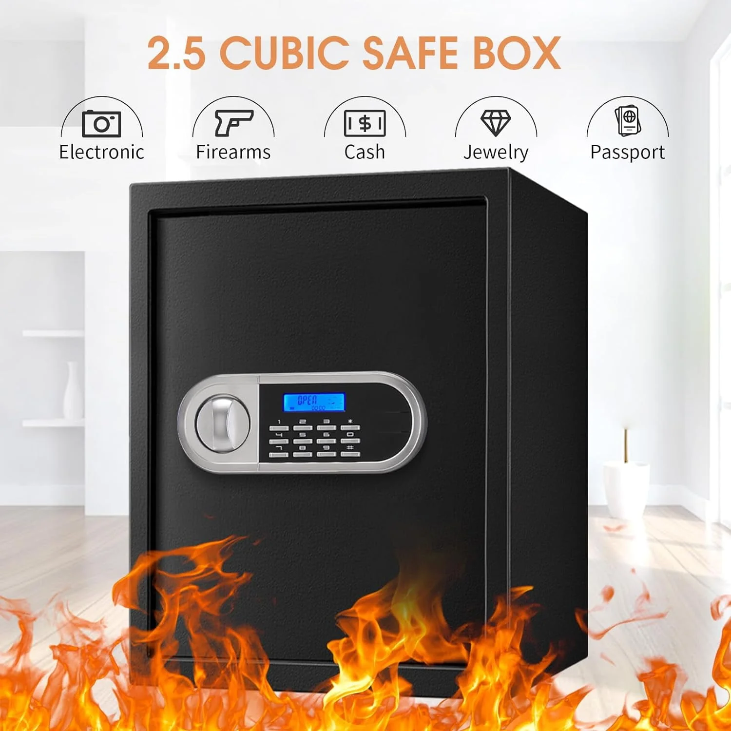 2.8 Cubic Feet Home Safes Water and Fireproof with Programmable Digital Keypad Lock, Digital Home Security Safe Box for Documents, Jewelry, Valuables, Black (12.2