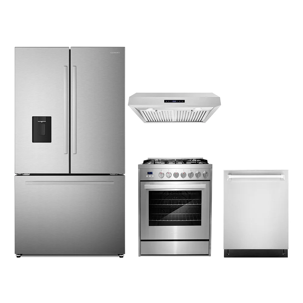 4 Piece Kitchen Package with 30′′ Freestanding Gas Range 30′′ Under Cabinet Range Hood 24′′ Built-in Fully Integrated Dishwasher 36′′ French Door Refrigerator