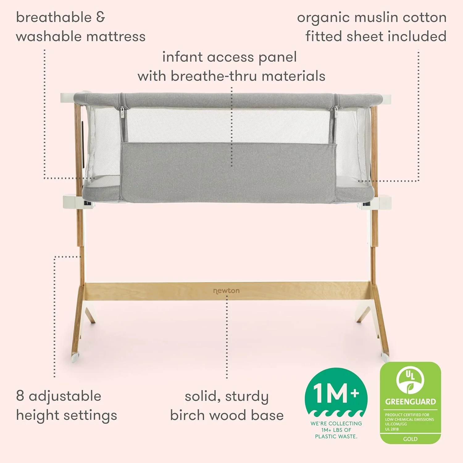 Newton Baby Bassinet & Bedside Sleeper with Mattress & Sheet - 100% Breathable & Washable, Removable Dual-Layer Cover | Solid Birch Frame Adjustable Height & Infant Access Opening