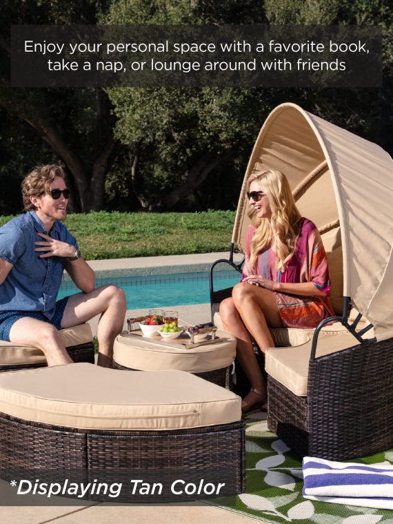 5-Piece 2-In-1 Wicker Daybed Sectional W/ Adjustable Seats, Canopy, Cover