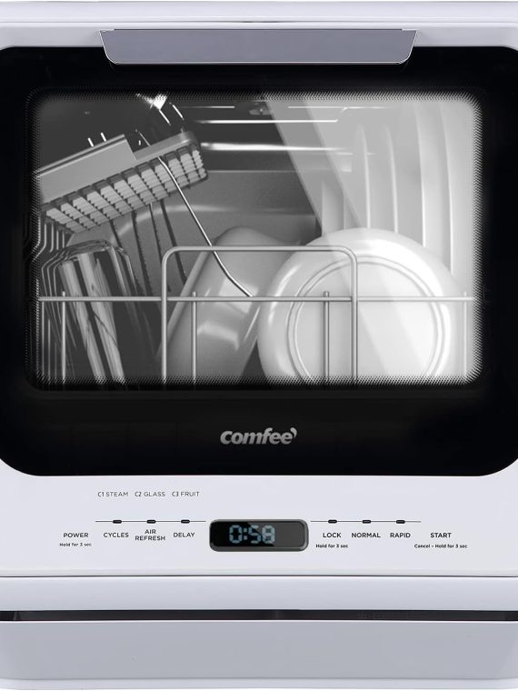 COMFEE’ Portable Dishwasher Countertop with 5L Built-in Water Tank, No Hookup Needed, 6 Programs, 360° Dual Spray, 192? High-Temp& Air-Dry Function, Mini Dishwasher for RVs, White