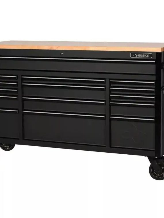 Heavy Duty 61 in. W x 23 in. D 15-Drawer Mobile Workbench with Solid Wood Top