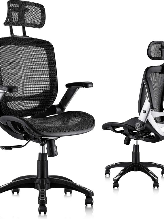 Ergonomic Mesh Office Chair, High Back Desk Chair – Adjustable Headrest with Flip Arm, Tilt Function, Lumbar Support and PU Wheels, Swivel Computer Work Chair