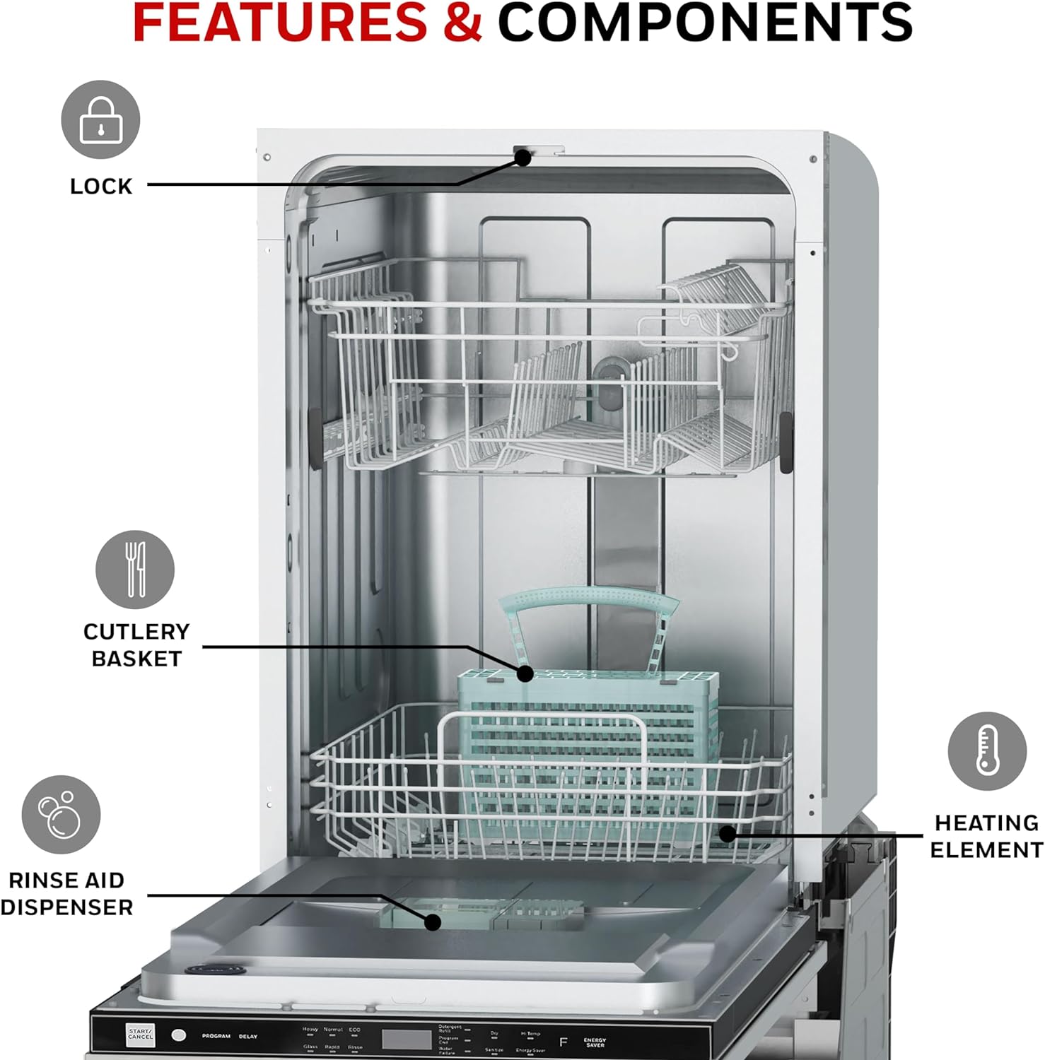 Honeywell 18 Inch Dishwasher with 8 Place settings, 6 Washing Programs, Stainless Steel Tub, UL/Energy Star- Stainless Steel