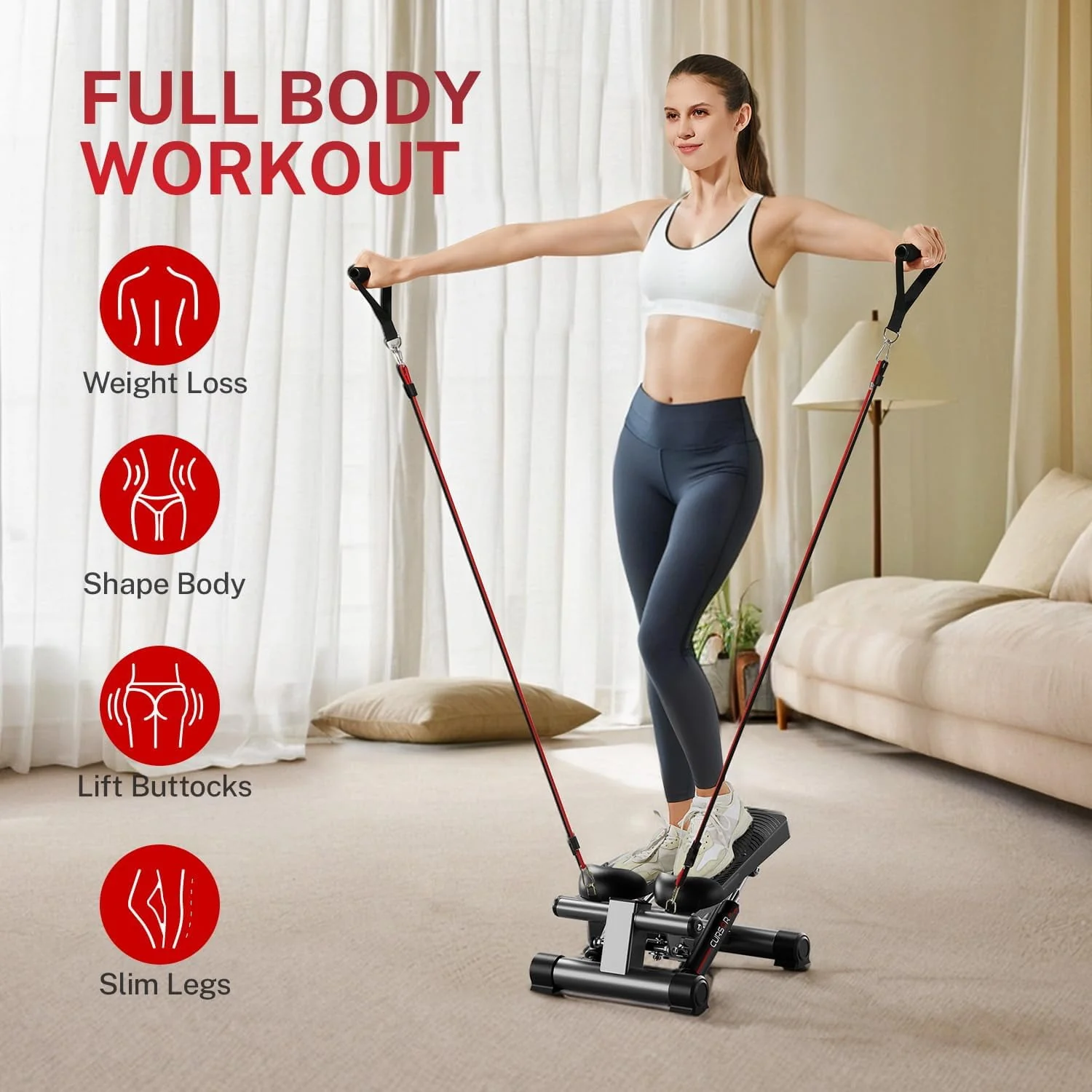 CURSOR FITNESS Steppers for Exercise, Mini Stair Stepper, Desk Step Machine with Dual Resistance Bands, Full Body Cardio Workout Equipment, 300 LBS Capacity for Home Exercise