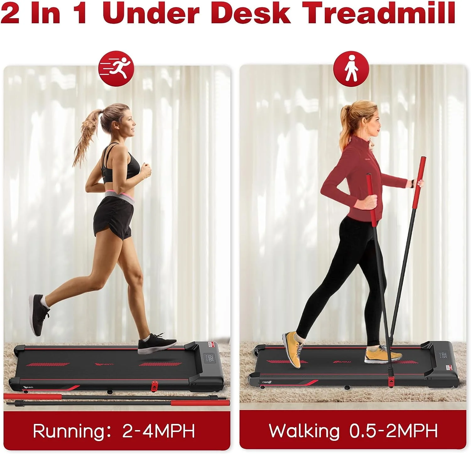 Superjoe Walking Pad Treadmill Under Desk 2 in 1 with Remote Control & Removable Handrails, Under Desk Treadmills for Home Exercise, Walking Running Jogging Machine LED Display Free Installation, Red