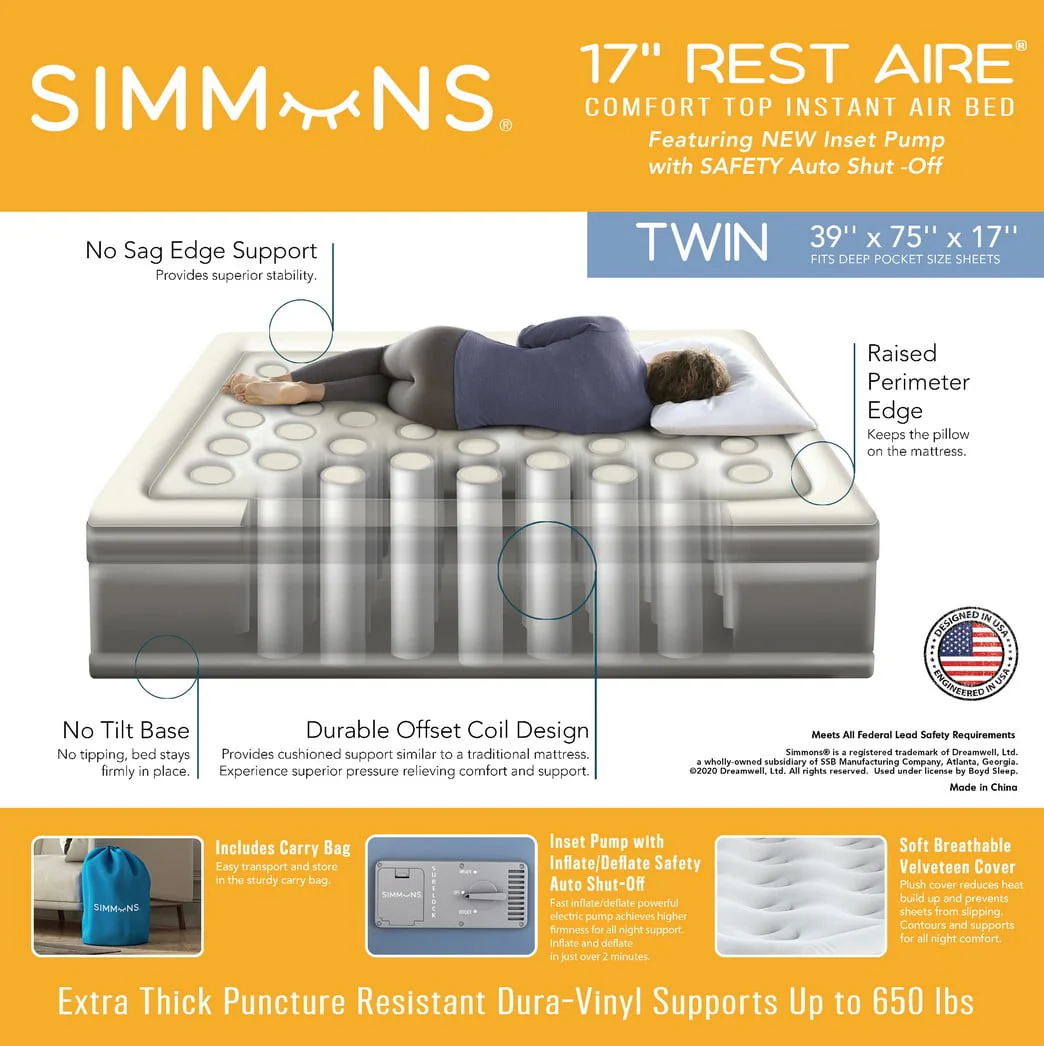 Simmons Rest Aire 17” Twin Size Air Mattress, Inflatable Bed with Built-In Pump Best for Camping, Guests, Travel, Safety Auto Shutoff