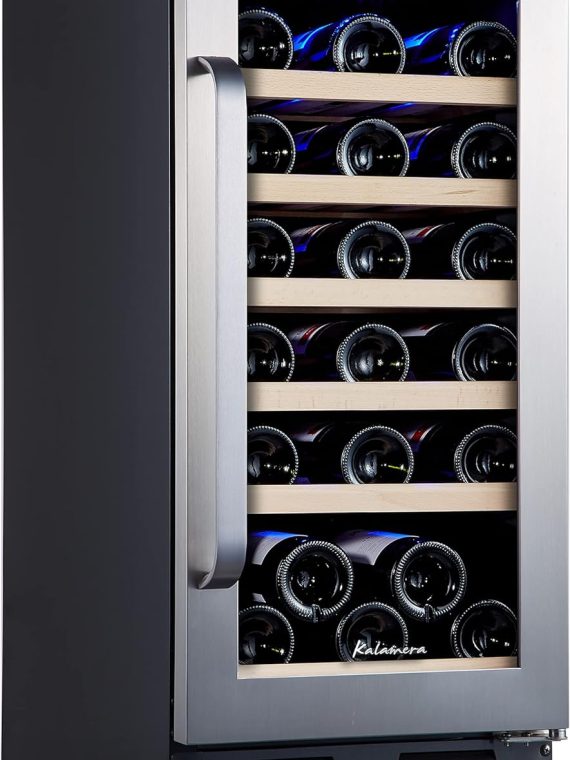 24 inch Wine Cooler, 46 Bottle – Dual Zone Built-in or Freestanding Fridge with Stainless Steel Reversible Glass Door, for Home, Kitchen, or Office.